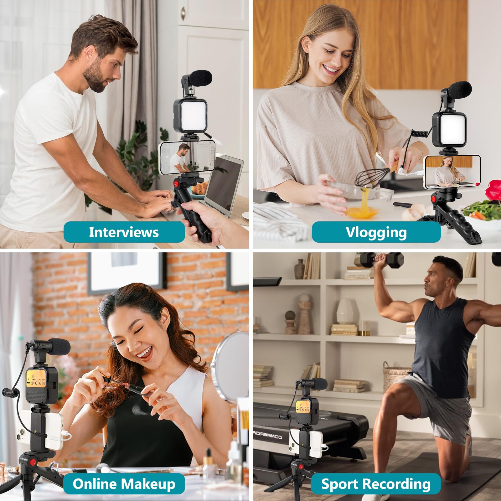 Kalofaye Vlogging Kit For Iphone, Android (With Tripod), With Mini Led Video Light + Cardioid Microphone + Phone Clip + Tripod For Video Calling, Vlogging, Youtube, Instagram, Tiktok