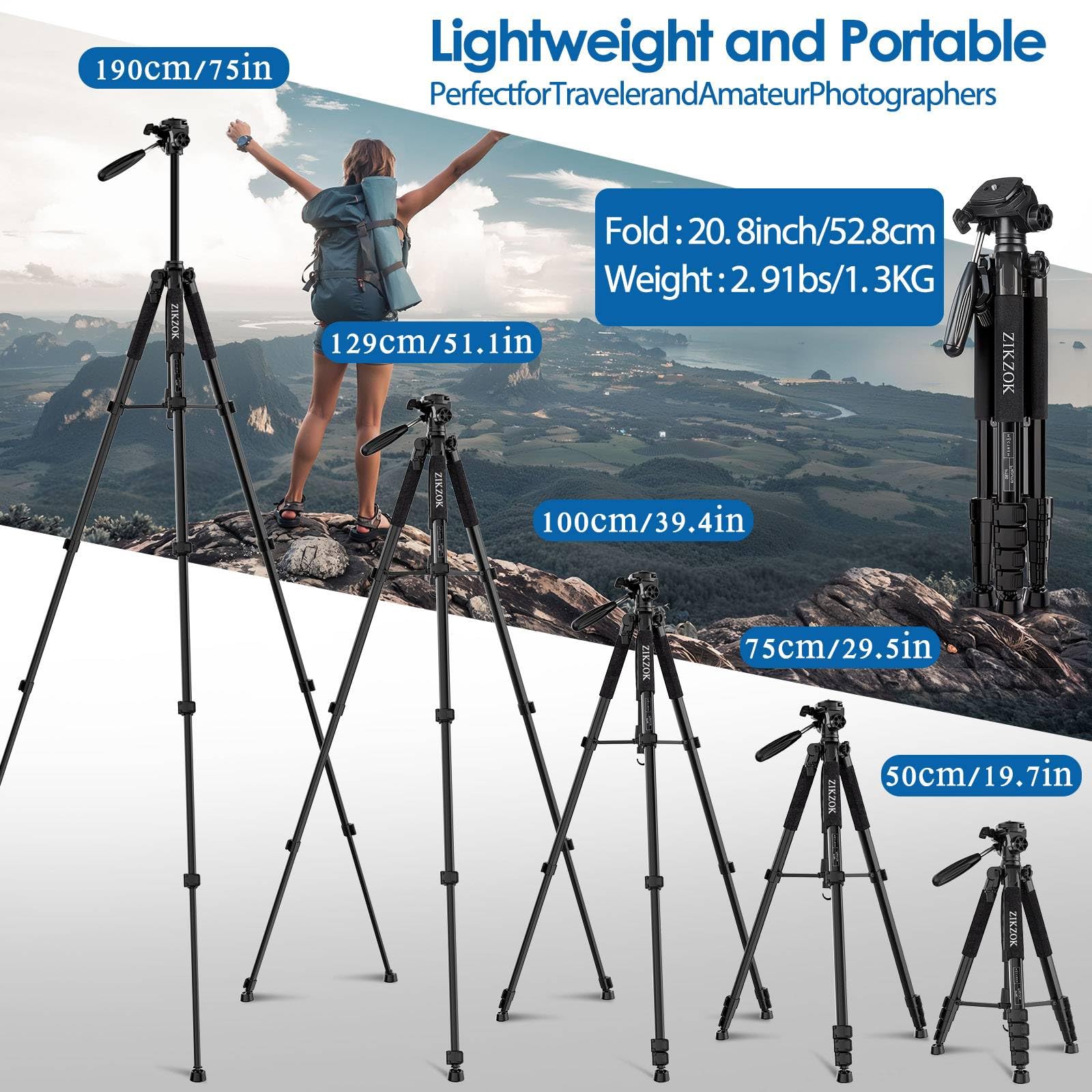 Zikzok 75" Camera Tripod, Tripod For Iphone Ipad, Aluminum Professional Heavy Duty Camera Tripod Stand With Wireless Remote/Carry Bag Compatible With Dslr/Slr/Dv/Gopro (Black)