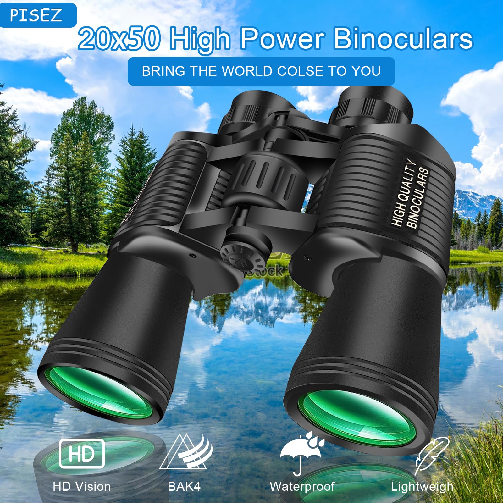 Pisez 20X50 Binoculars For Adults High Powered With Low Light Vision，Large View Waterproof Binoculars For Bird Watching Hunting Concert Traveling Theater Opera Sightseeing
