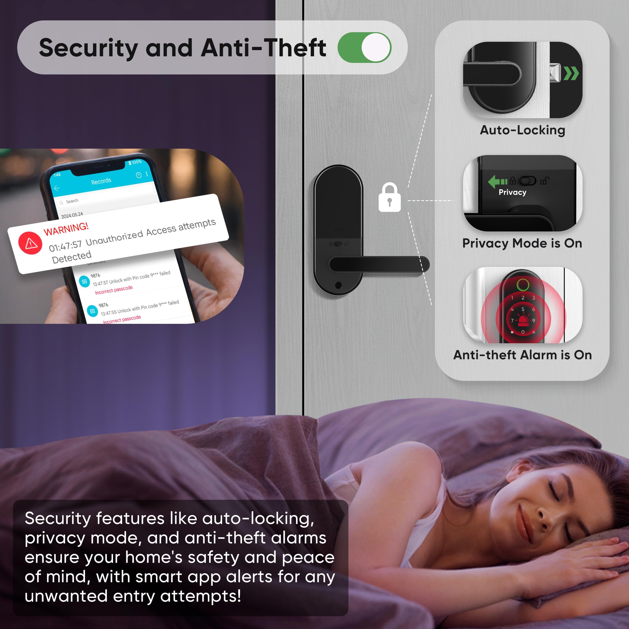 Dermum Keyless-Entry Fingerprint Digital Smart Lock: Electronic Door Lock With Code Passcode, Electric Door Knob, Biometric Door Handle (Black)