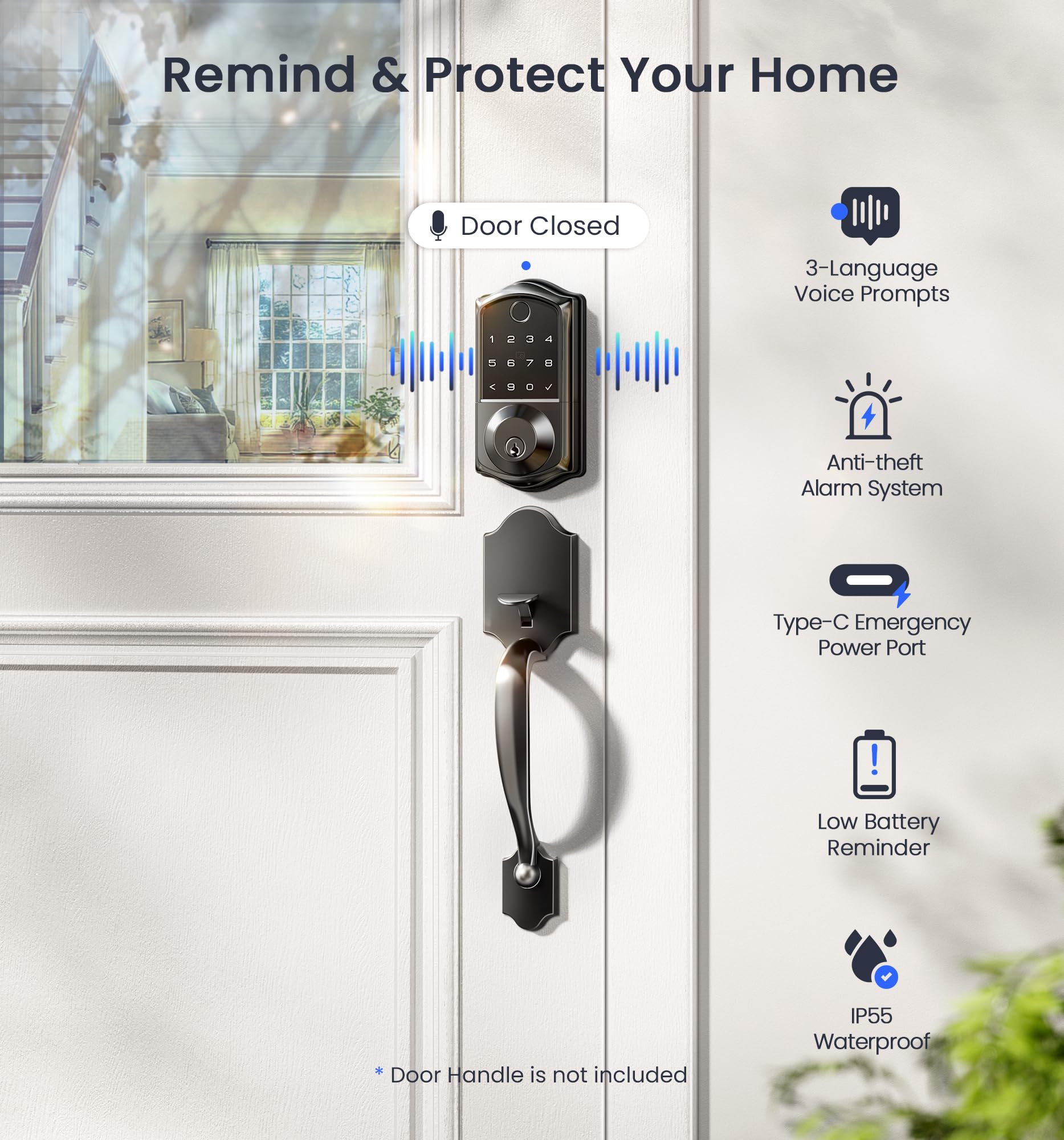 Veise Ve017G Wi-Fi Keyless Entry Door Lock With Fingerprint, Remote App Control, Smart Locks For Front Door, Electronic Keypad Deadbolt, Auto Locking, Waterproof, Easy To Install, Matte Black