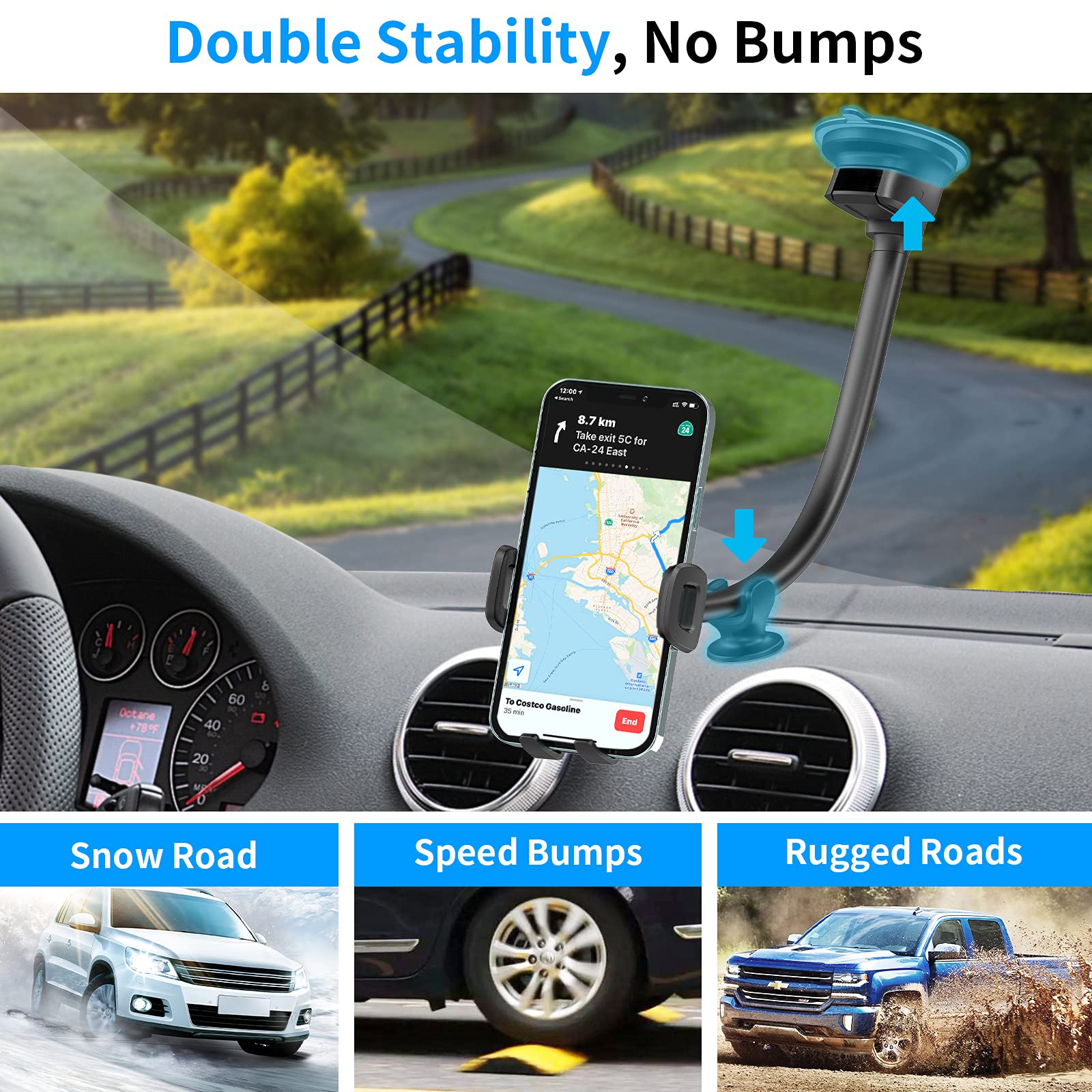 Apps2Car 13'' Gooseneck Car Phone Holder,Heavy Duty Phone Holder For Truck, [Flexibile Long Arm] [Anti Shake Stabilizer]Windshield Car Phone Mount Suction Cup,Fit For Iphone, Samsung &Other Cellphone
