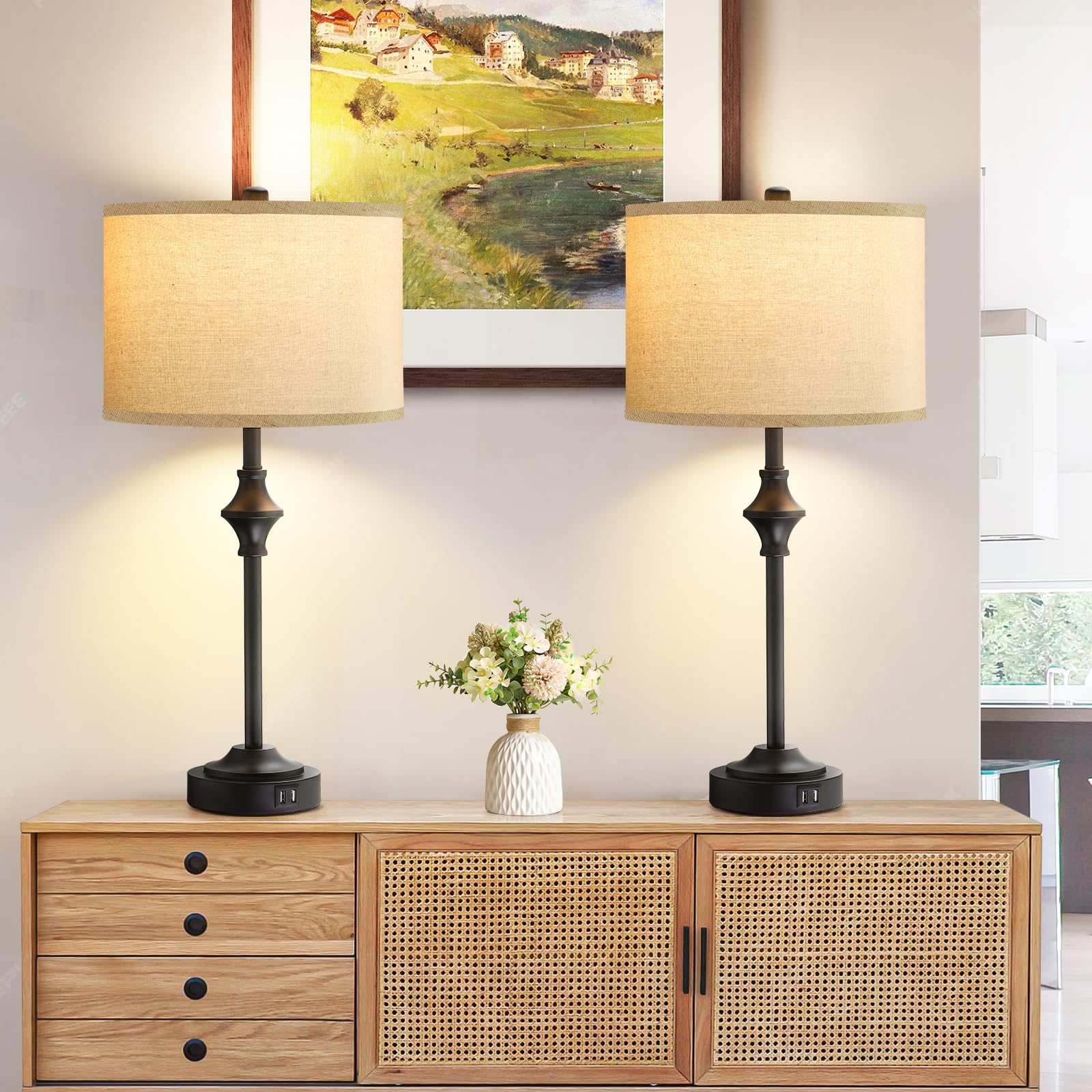 Cnxin 26" Farmhouse Table Lamps For Bedroom Set 2, Buffet Lamps With 3-Color Temperatures For Living Room End Table Lamp, Tall Vintage Bedside Nightstand Lamps With Dual Usb Ports, Bulbs Included
