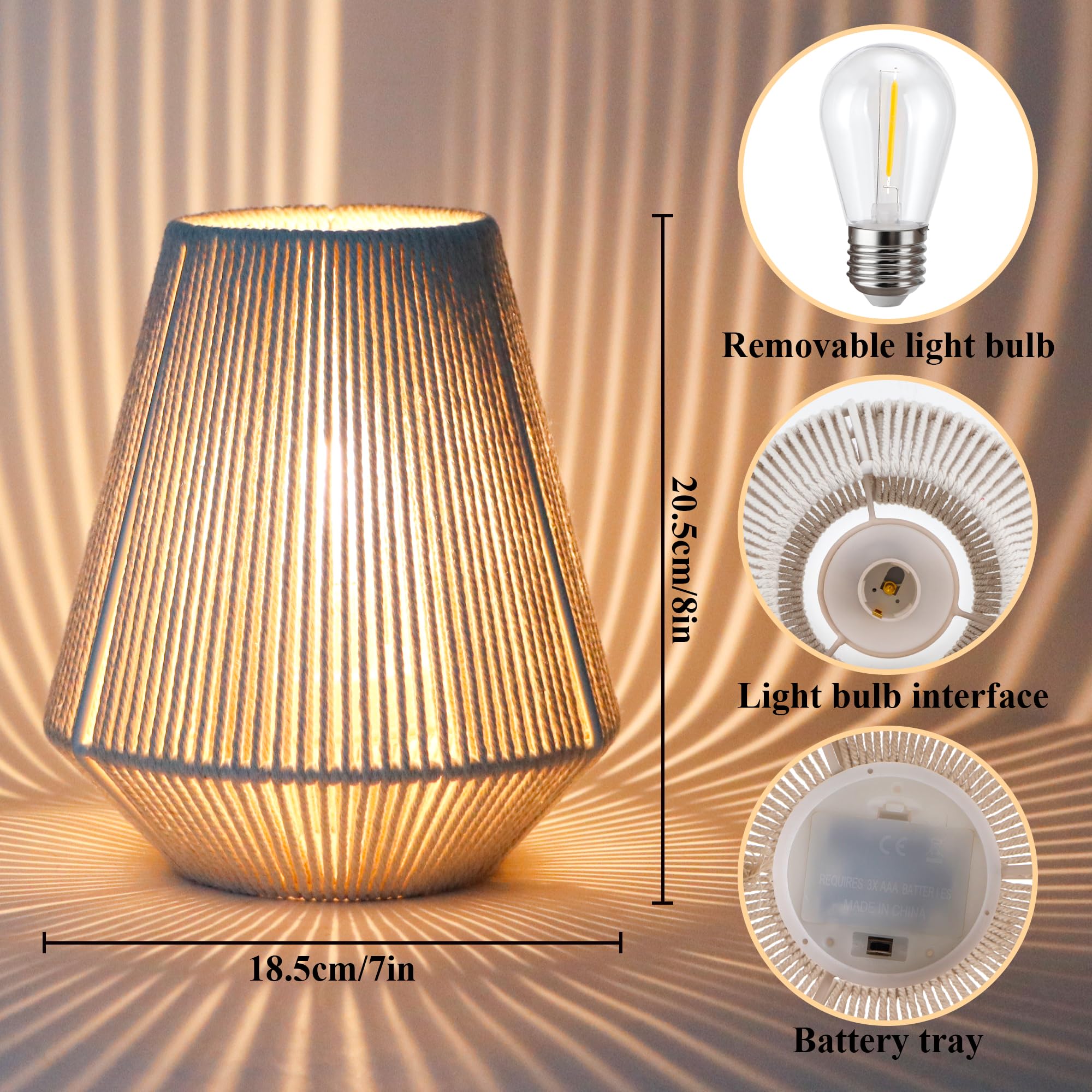 Jhy Design Woven Lampshade Table Lamp 8" H Cotton Rope Bedside Light‌ Cordless Decorative Battery Operated Lamp With 6 Hours Timer For Bedroom Living Room Weddings Parties Patio Events