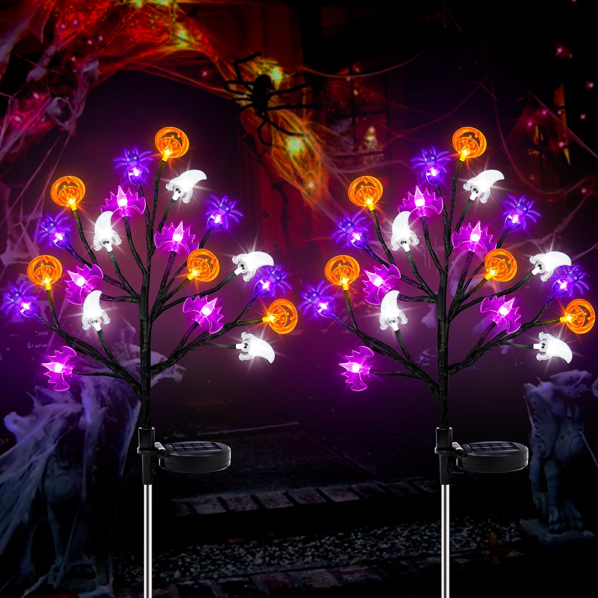 Sakayo Halloween Decorations Outdoor Solar Lights, 2 Pack Halloween Lights Outdoor Solar Lights Waterproof With 20 Led Ghosts Bats Spiders Pumpkin Lights, 2 Modes Solar Pathway Lights For Halloween Decor