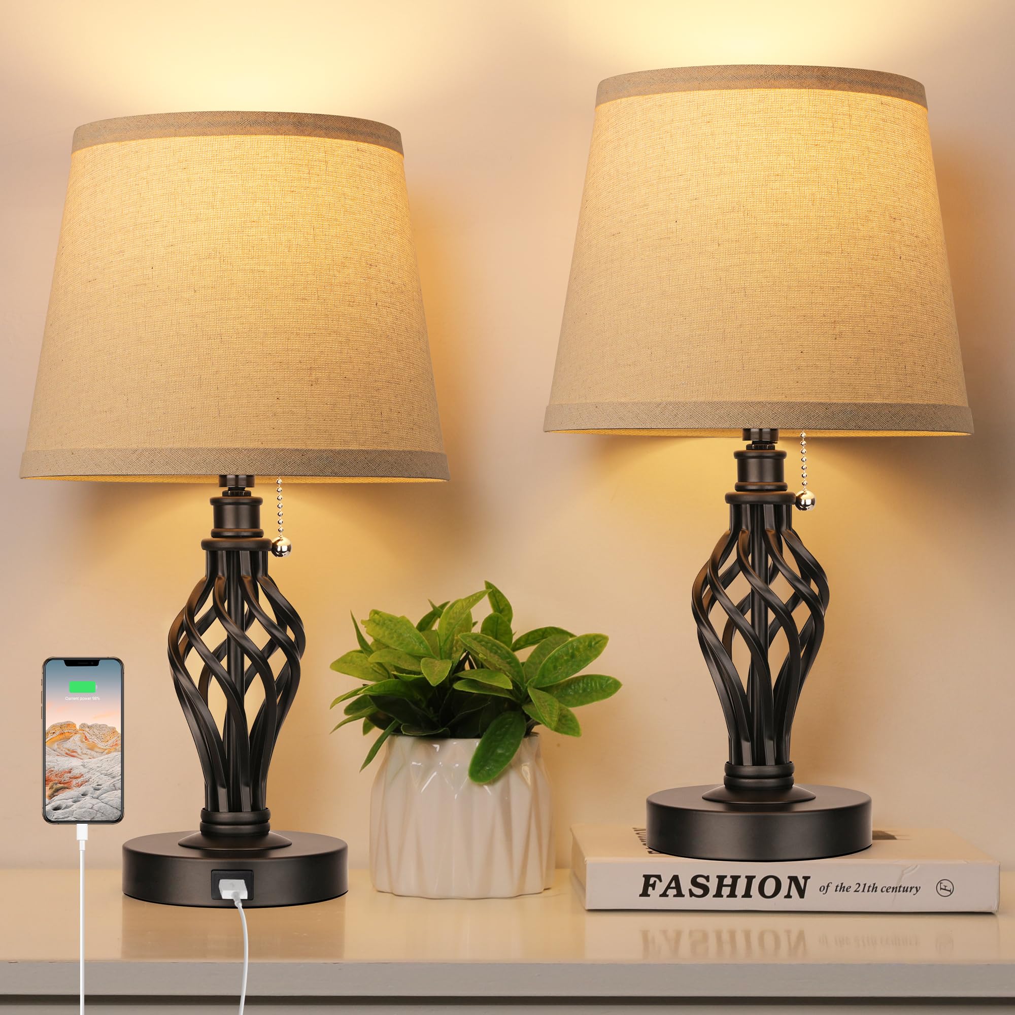 Partphoner Table Lamps Set Of 2, Farmhouse Bedside Lamps With Usb Ports, Nightstand Lamp Cream Drum Shade Spiral Cage Base Desk Lamps For Living Room Bedroom Study Room Without Bulb