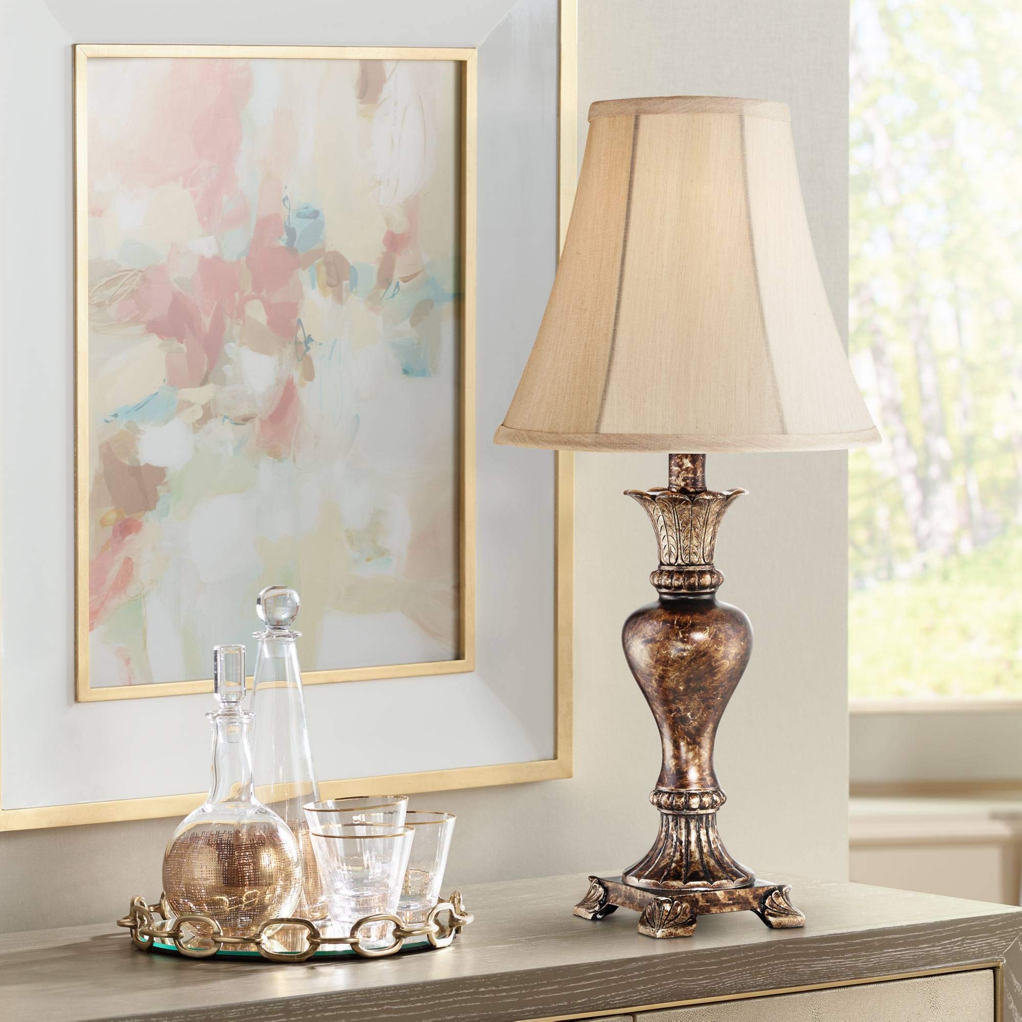 Regency Hill Xavier Traditional Accent Table Lamp 21" High Warm Bronze Brown Urn Footed Base Natural Tone Bell Shade Decor For Living Room Bedroom House Bedside Nightstand Home Office