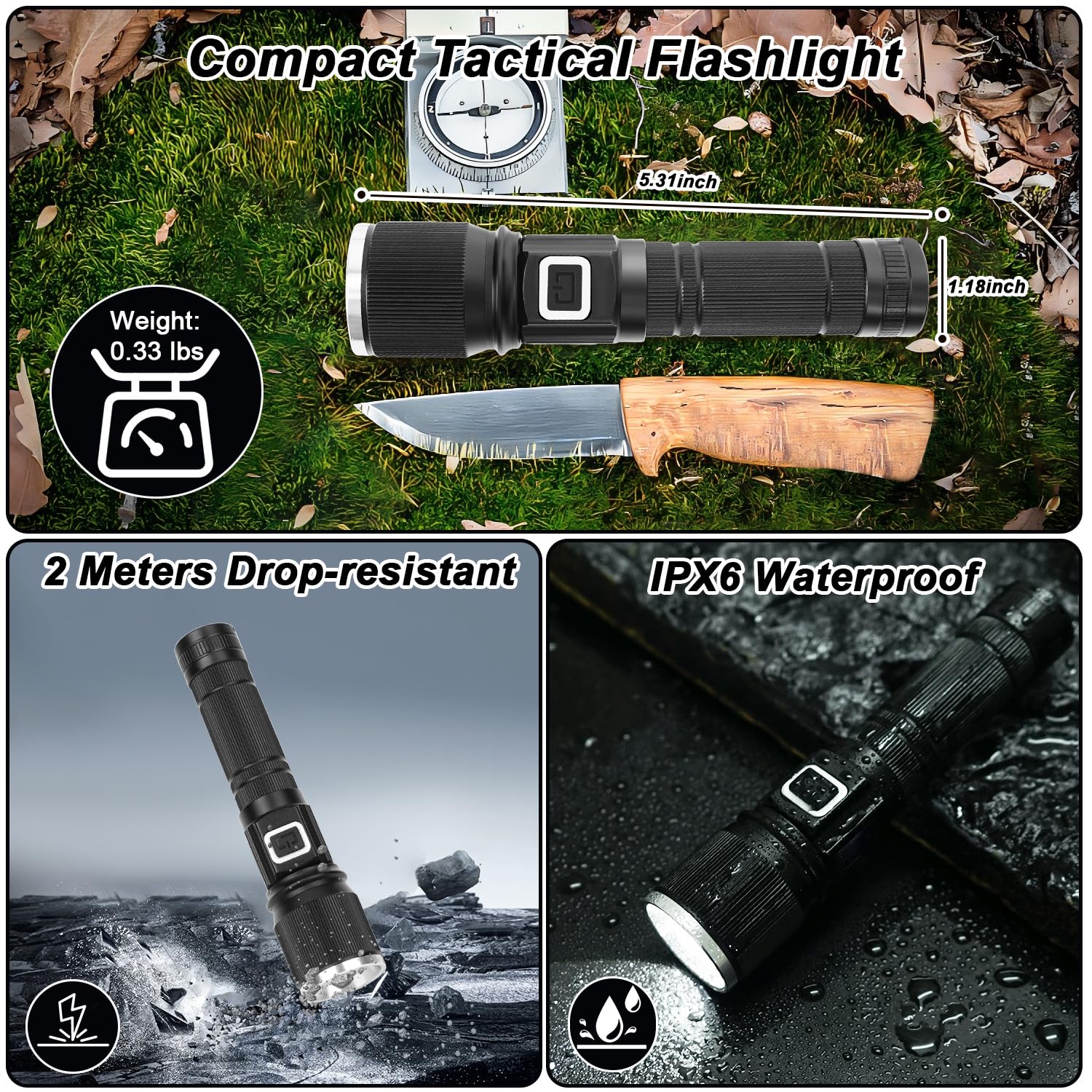 Annteneo Rechargeable Flashlight With Lcd Display, 1300Lumen Super Bright Small Pocket Flashlight, 3 Modes Led Utility Flash Light, Zoomable Waterproof For Camping And Home(1Pack, Black Cw)