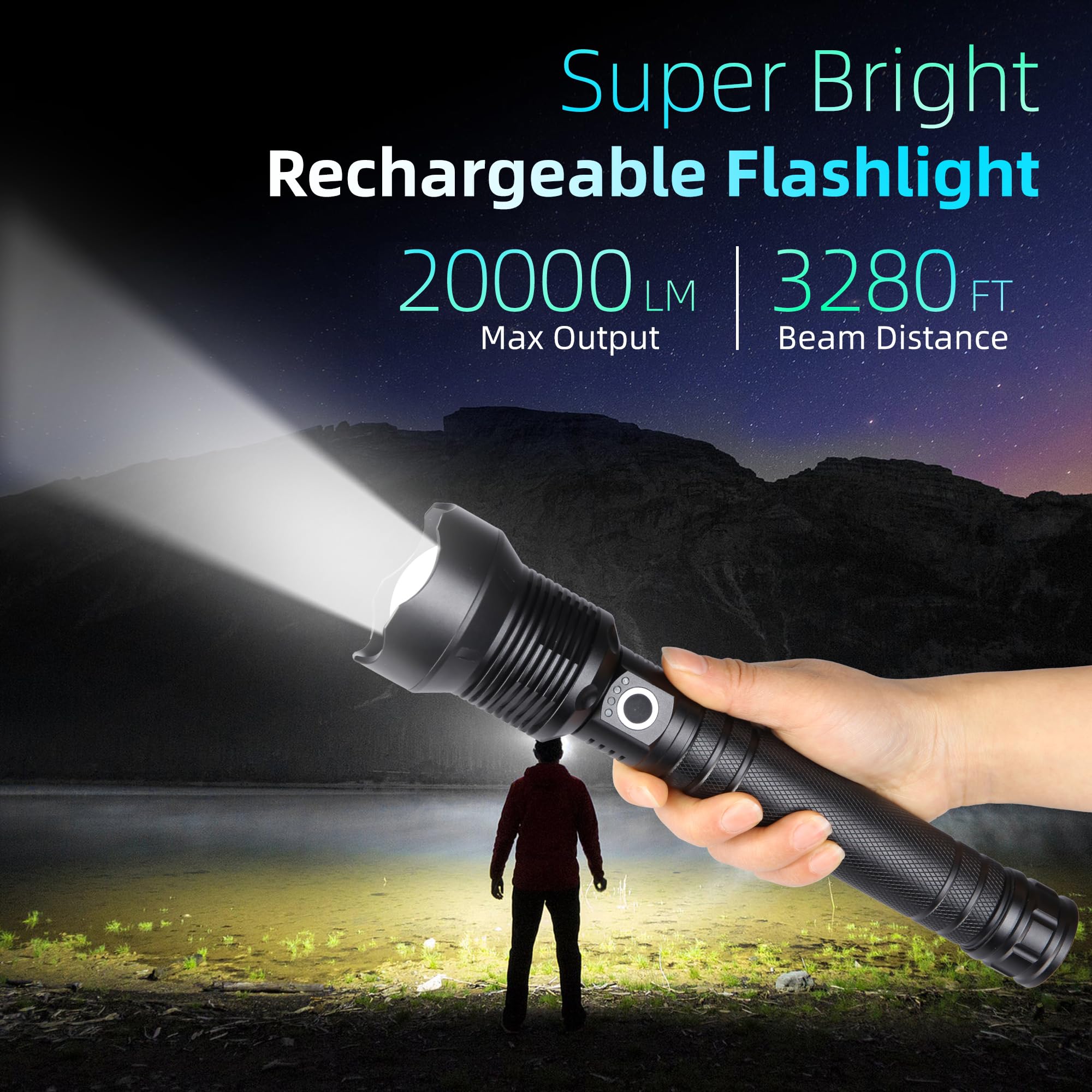 Bonashi Flashlight Rechargeable Flashlight, Ultra Bright 20000 Lumens, Zoomable, 5 Lighting Modes, Ip65 Waterproof, Handheld Powerful Flashlight For Hunting, Camping, Emergencies