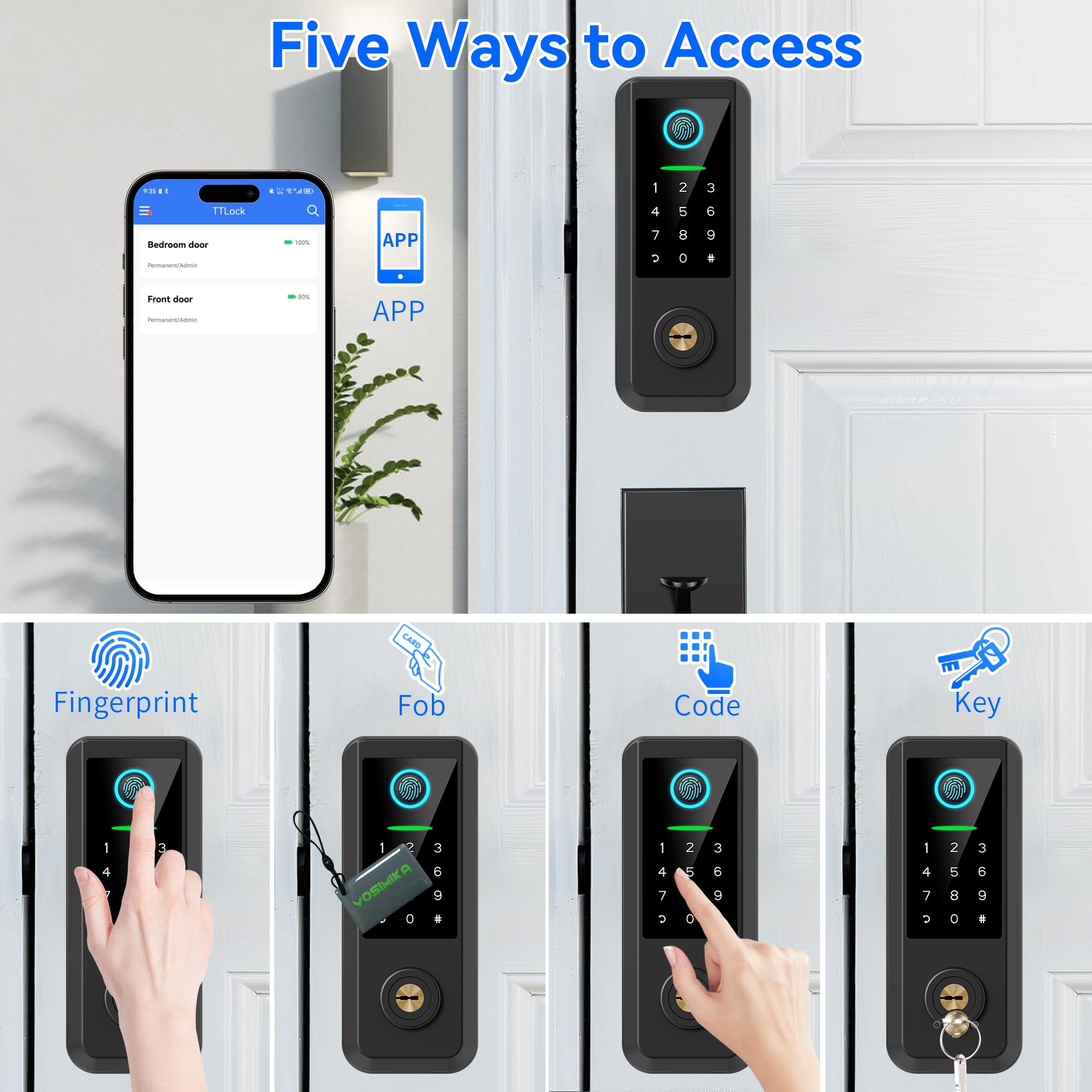Yosimika Fingerprint Smart Door Lock With Handle Set, Keyless Entry Door Lock With Keypad,5-In-1 Deadbolt,Bluetooth Deadbolt With Auto Lock,Black