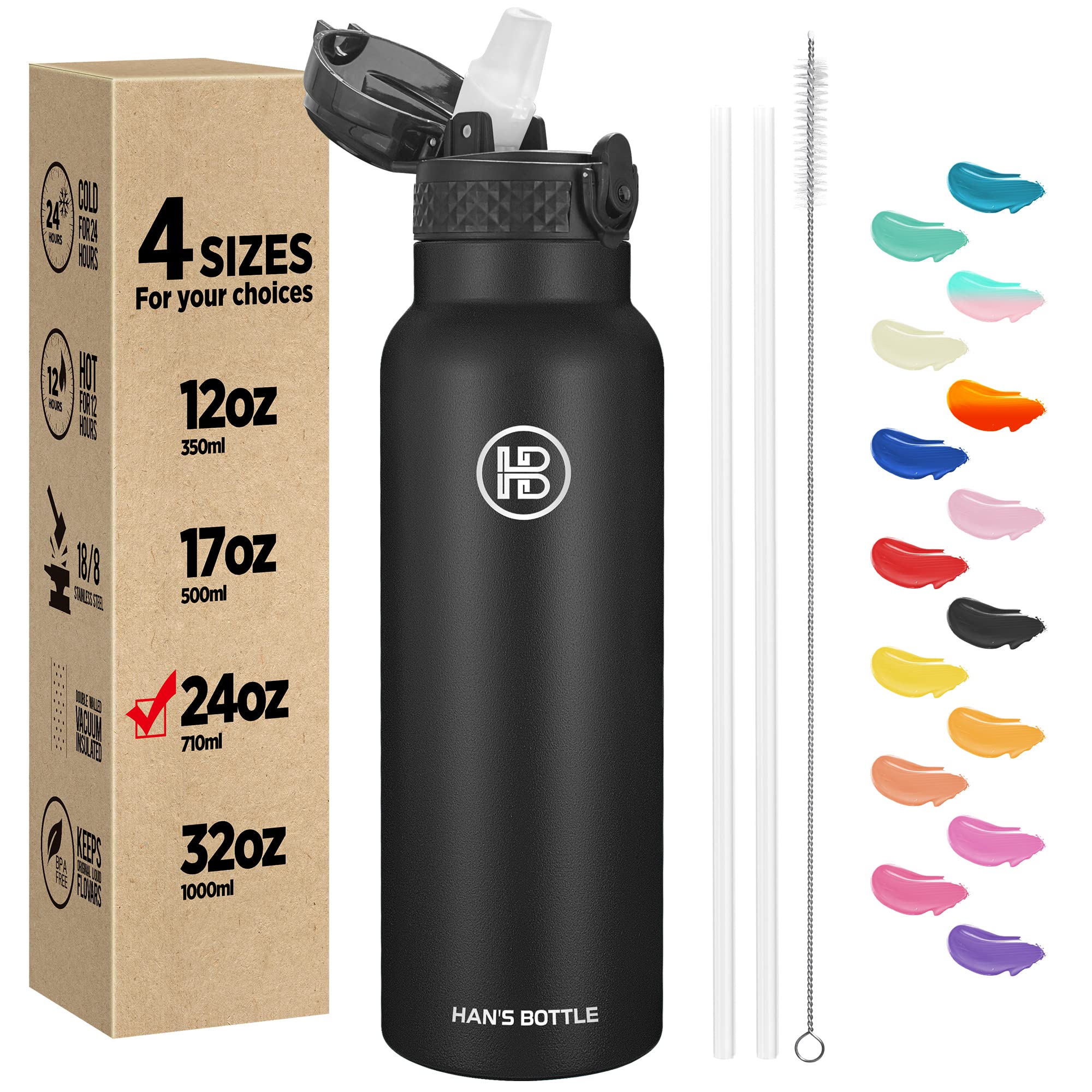 Han'S Bottle Sports Water Bottle - 24 Oz, Straw Lid, Leak Proof, Vacuum Insulated Stainless Steel