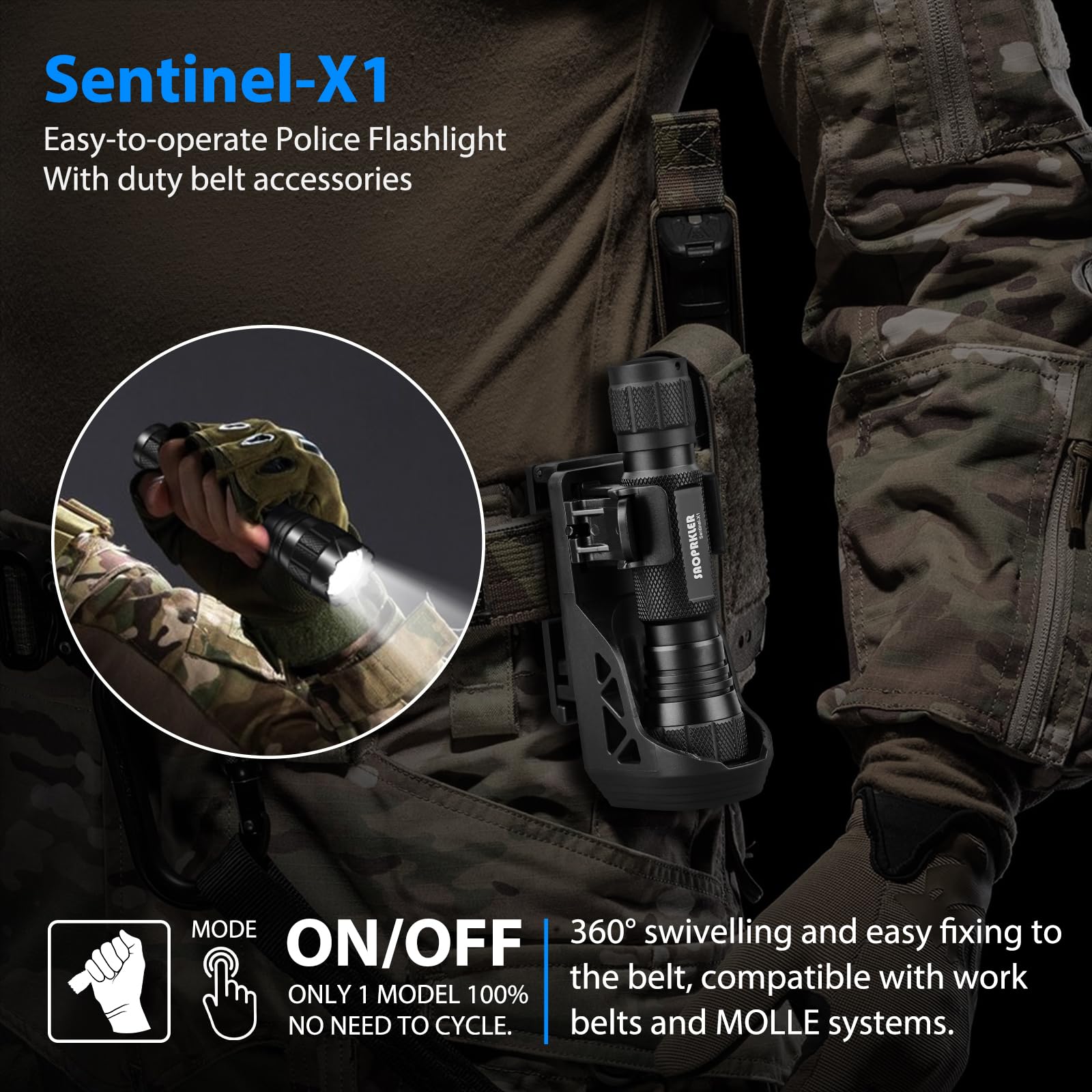 Saoprkler Tactical Flashlights High Lumen-Police 1200 Lm Flashlight With Holster For Duty Belt,Single Mode Led Flashlight For Camping/Law Enforcement-Sentinel-X1