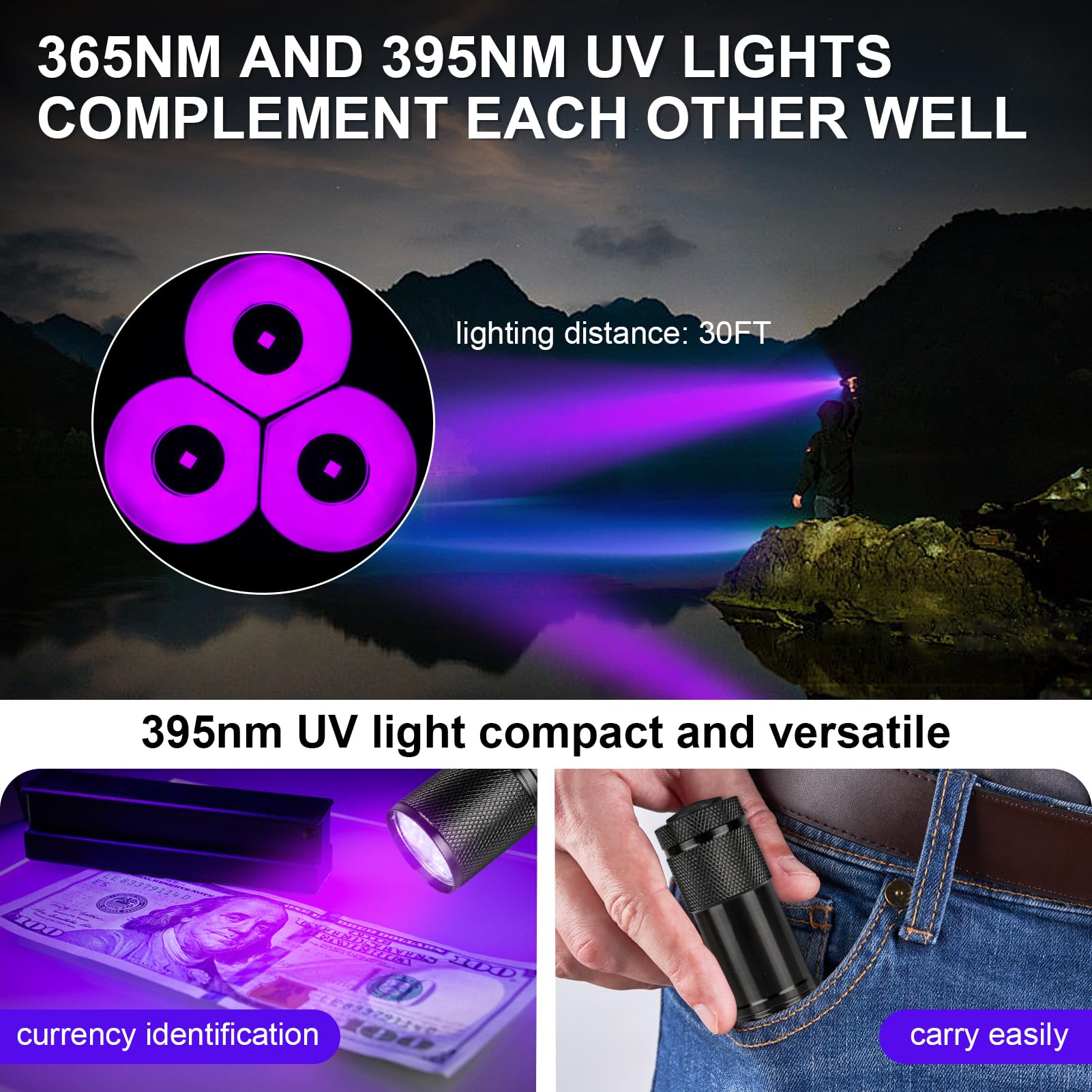 Anygo 365 Nm High-Power Uv Flashlight, 30W Black Light Flashlight, Ultraviolet Bright Uv Led Torch For Outdoor, Home And Inspection, Detect Pet Urine Detection, Ore And Jade, Durable And Rechargeable