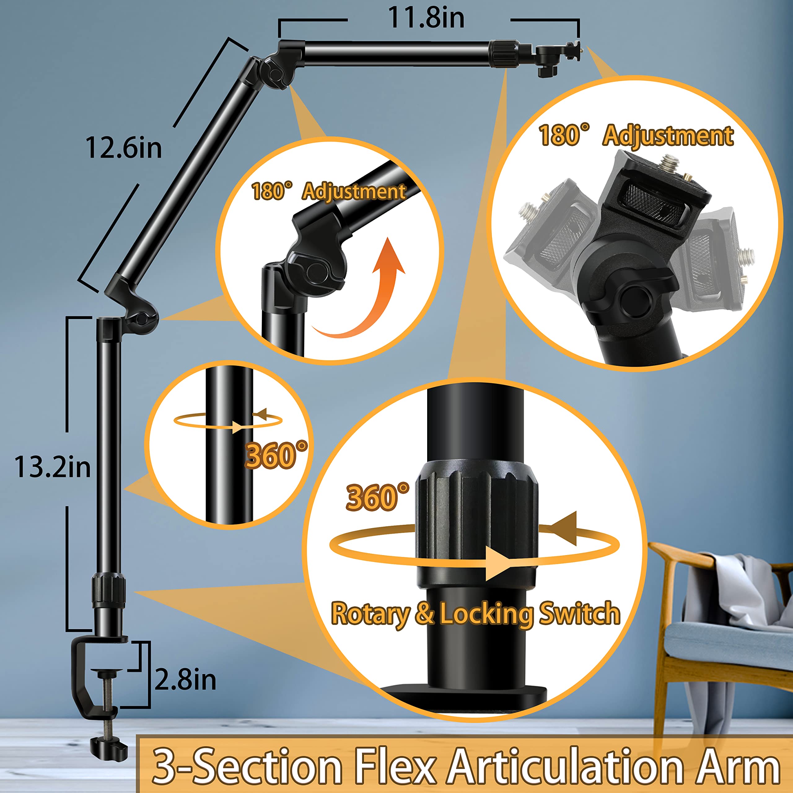 Dnsbabi Overhead Camera Mount Desk Stand, Bearing 18Lb, Base& Top 360° Adjustable, With 1/4“ 3/8" 5/8" Screw, 3-Section Flexible Articulating Metal Arm For Dslr Camera/Webcam