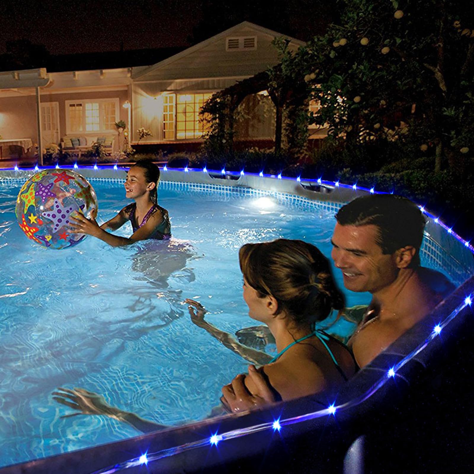 Potive 200 Led Outdoor Waterproof Solar Pool Lights, 66Ft Solar Rope Lights Blue With 8 Modes, Blue Rope Lights For Outside For Trampoline Camping Fence Decor (2 Pack)