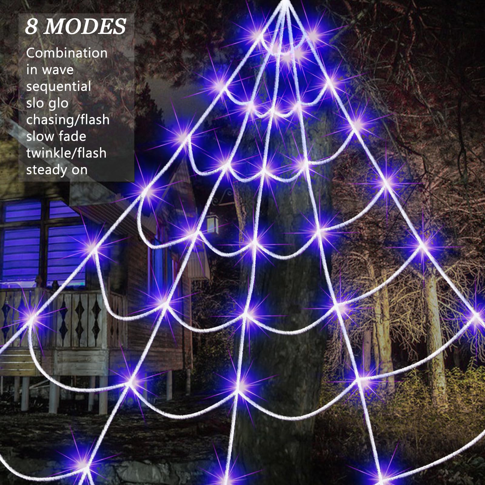 Liveasily Outdoor Solar Powered Halloween Decorations Spider Web Lights, 14.8 X 16.4 Ft Triangular White Spider Web With 135 Led Purple Lights, Large Size Solar Halloween Decor…