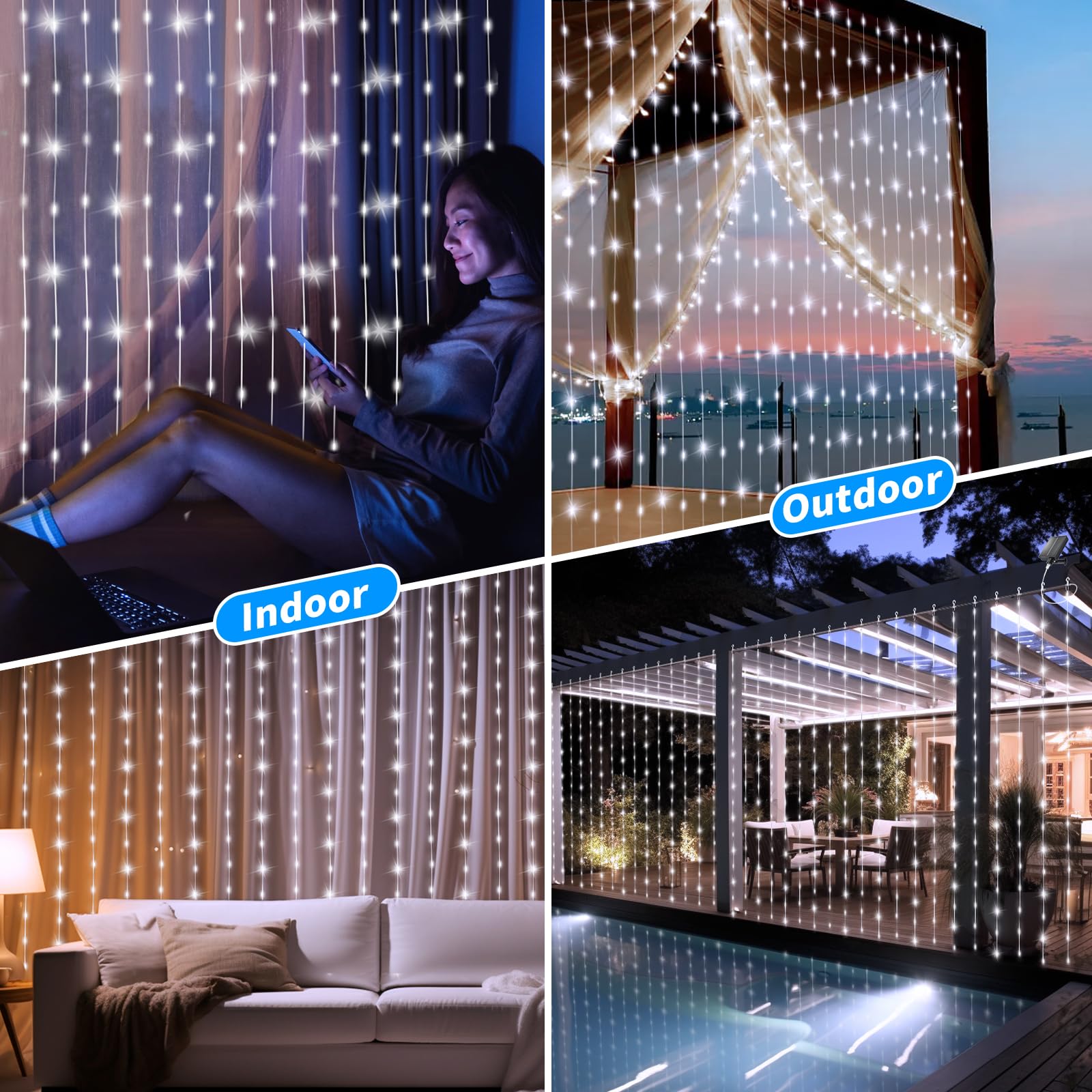 Qlirjad Solar Curtain Lights 1010Ft 300Led Waterproof Waterfall Light With 8 Modes Remote Type C Charging Dimmable Timer Twinkle Fairy String Lights For Outdoor Christmas Gazebo Wedding Party Pergola Patio