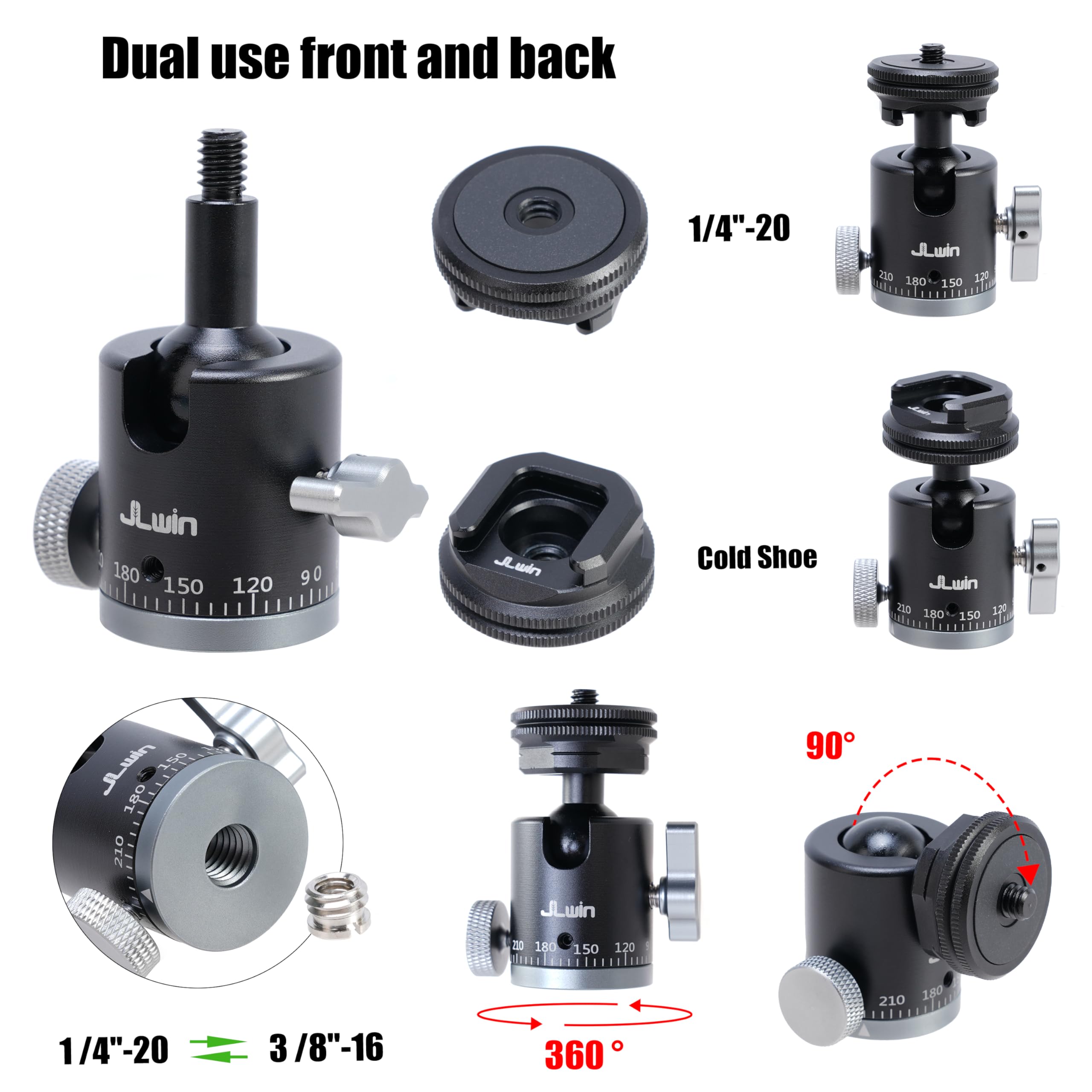 Focusfoto 2-In-1 360° Panoramic Ball Head & Aluminum Adjustable Desktop Tripod Stand- 4-Level Height (45-165Mm) With Cold Shoe Adapter, 1/4"-20 & 3/8"-16 Screws For Mirrorless Camera Vlogging