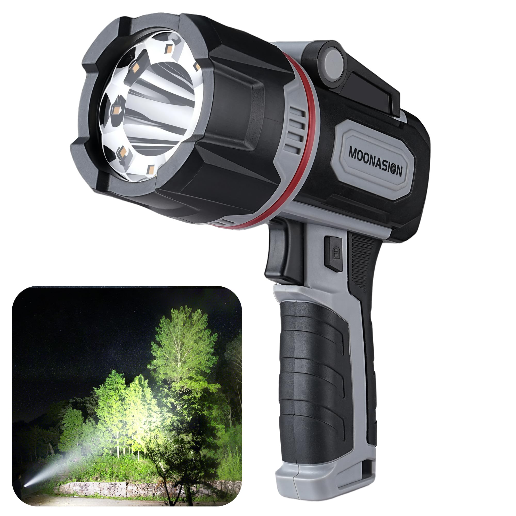 Moonasion Rechargeable Spotlight 1000,000 Lumens, Super Bright Led Spotlight Flashlight Outdoor With Cob Light & Foldable Tripod, 10000Mah Long Lasting Large Handheld Spot Light For Boating Camping