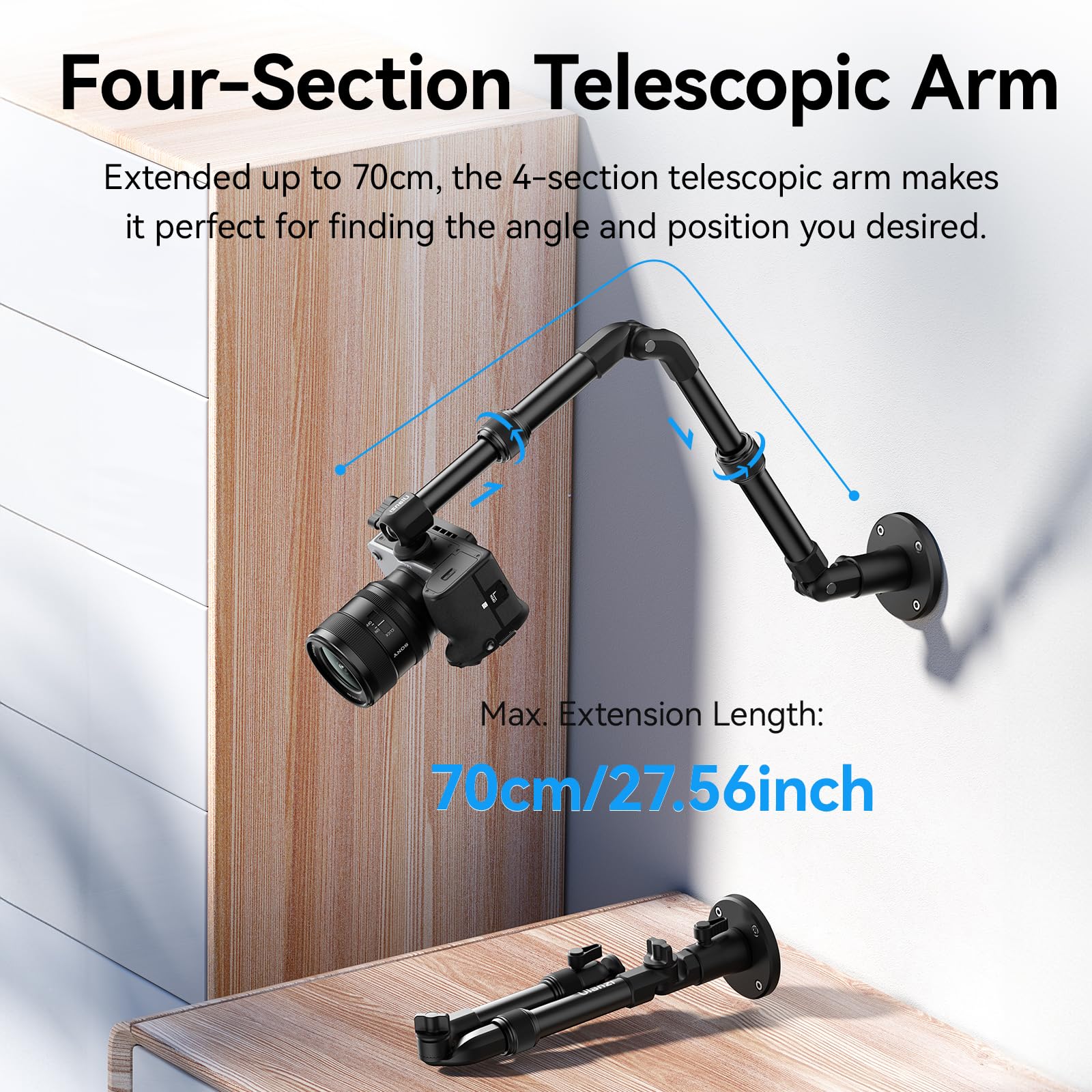 Ulanzi Zj04 Magic Arm Camera Wall Mount Overhead Mount, 70Cm/27.6Inch Aluminum Adjustable Articulating Arm W 1/4" Ball Head For Cameras Dslr Lights Mount For Live Streaming/Photo Video Shooting