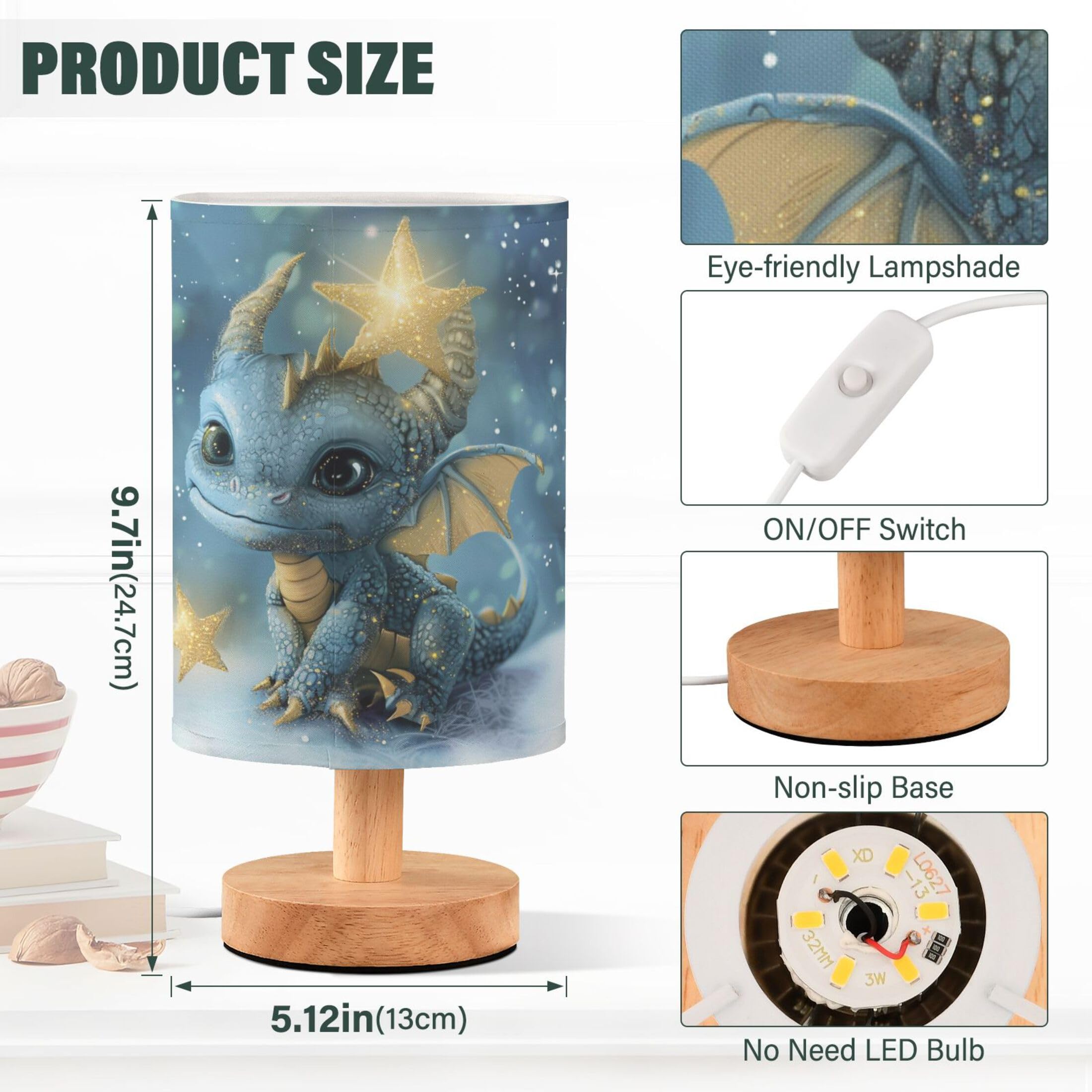 Yyzzh Table Lamp Watercolor Dragon Baby Animal Nightstand Lamp With Wood Base Fabric Lamp Shade Bedside Desk Lamp For Living Room Bedroom Kids Room Office