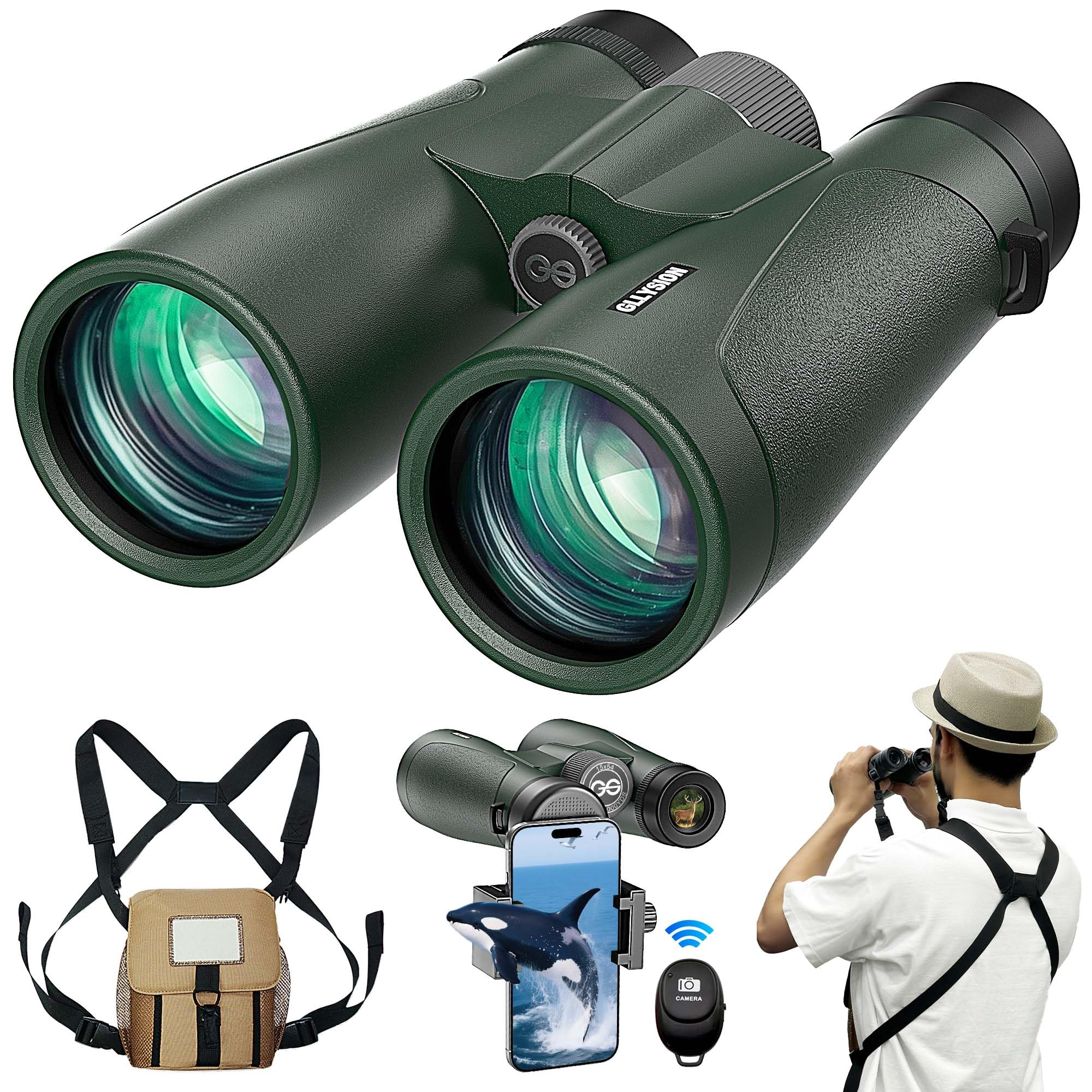Gllysion 15X54 Binoculars For Adults High Powered With Harness, Phone Adapter And Bluetooth Camera Remote - Super Bright Waterproof Binoculars For Bird Watching Hiking Cruise Travel Stargazing