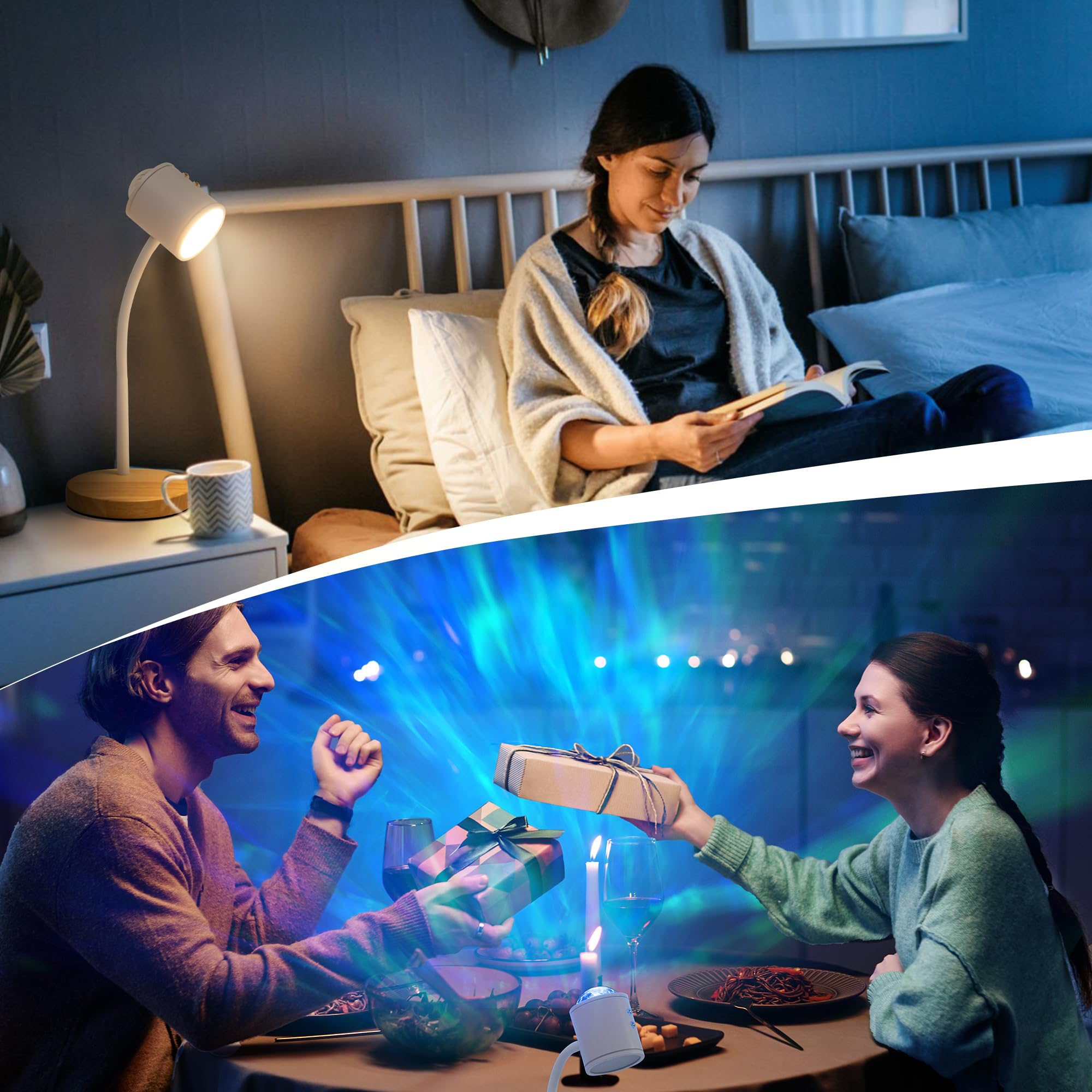 Kiandqu Double Side Lighting Projection Lamp With 3D Ocean Wave Lamp,3 Colors & Dimmable Bright Table Lamp,Adjustable Gooseneck,Mood Lighting For Reading, Living Room, Bedroom …