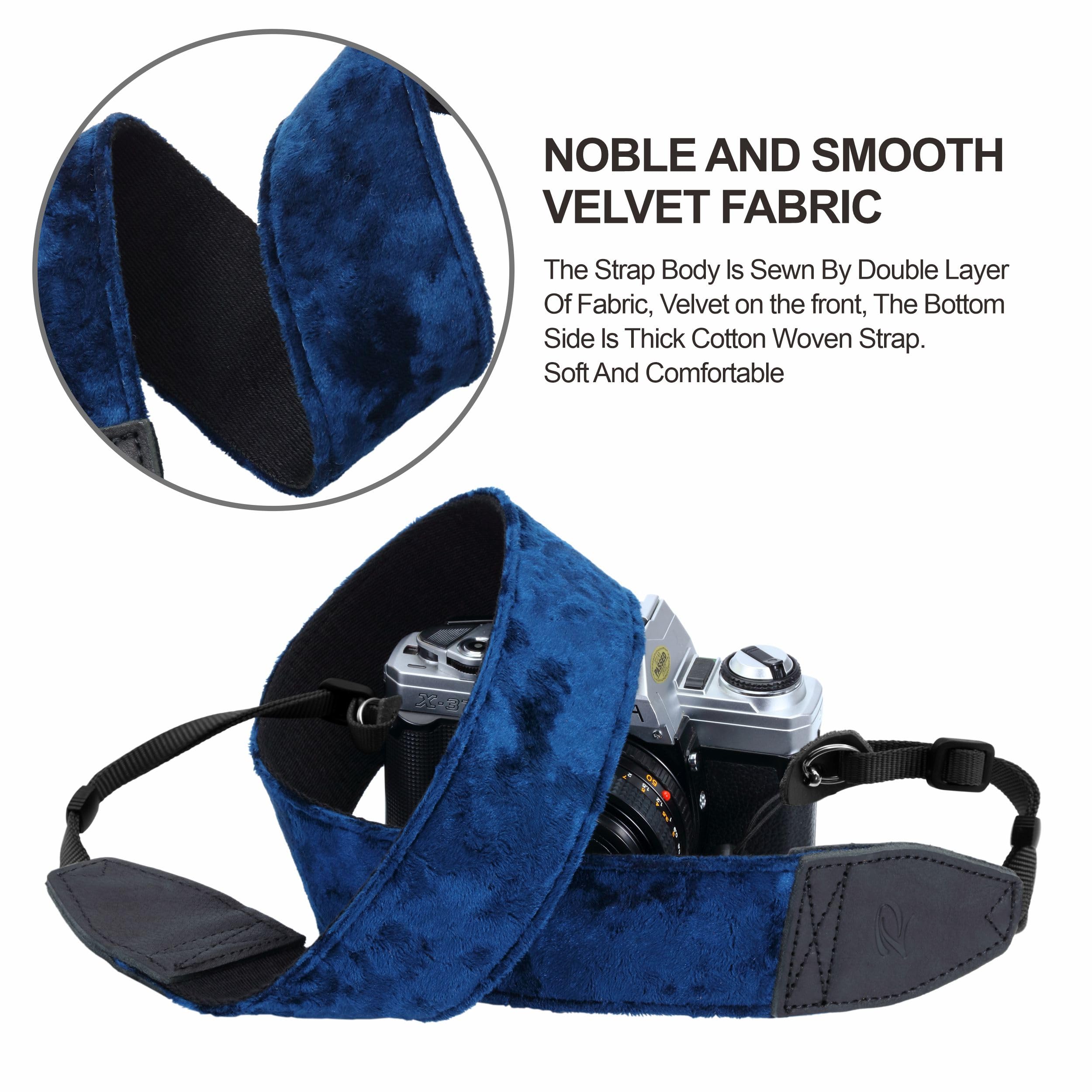 Padwa Lifestyle Velvet Camera Strap - 2" Wide Full Grain Cowhide Head Soft Velvet Straps For Photographers,Complimentary 2 Pcs Quick Release For All Dslr,Mirrorless Cameras,Binoculars - Dark Navy Blue