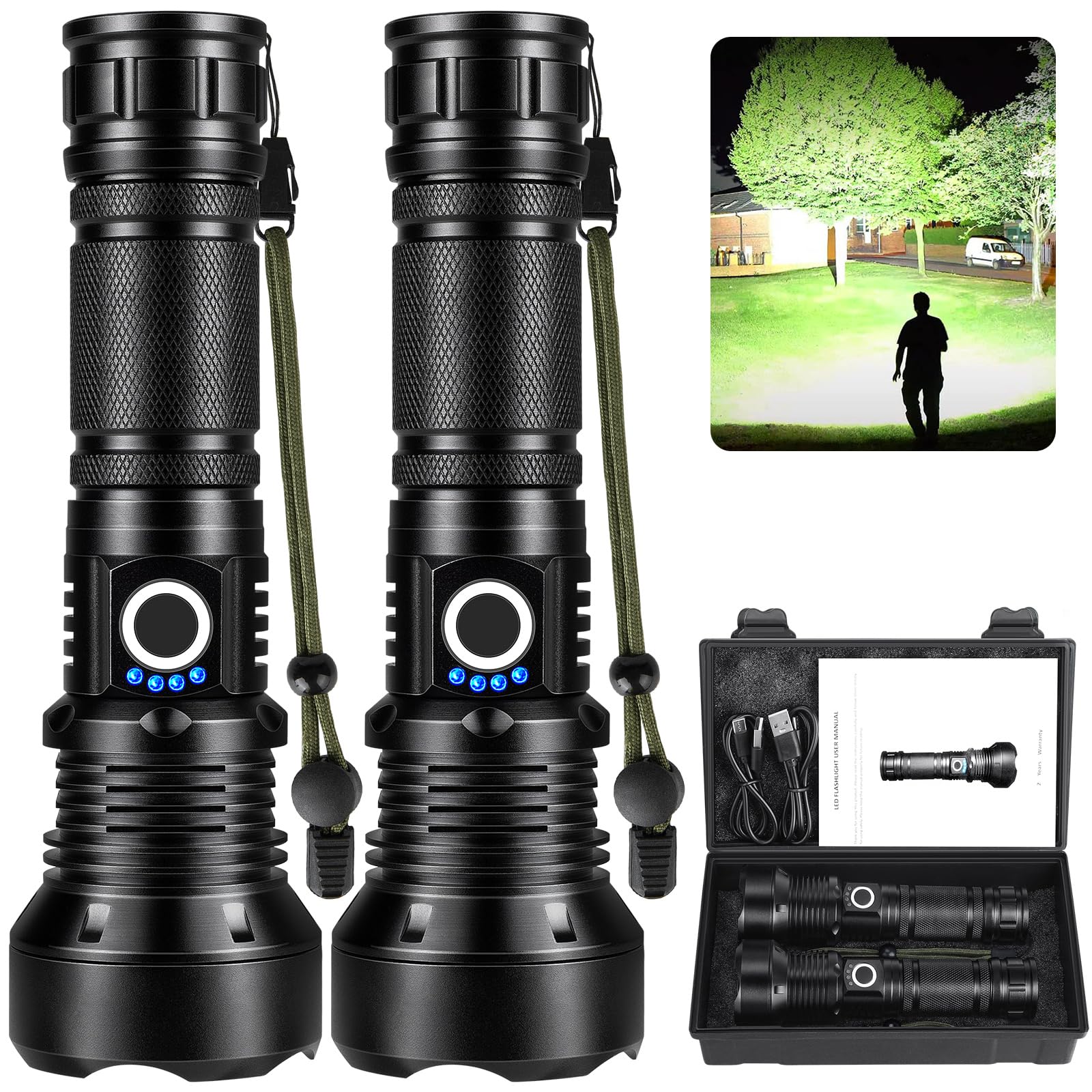 Kingcaesar Flashlights High Lumens Rechargeable, 2 Pack 990000 Lumens Super Bright Flashlight, 5 Modes Led Flashlight, Ipx7 Waterproof Powerful Flash Light For Home, Outdoor Activities