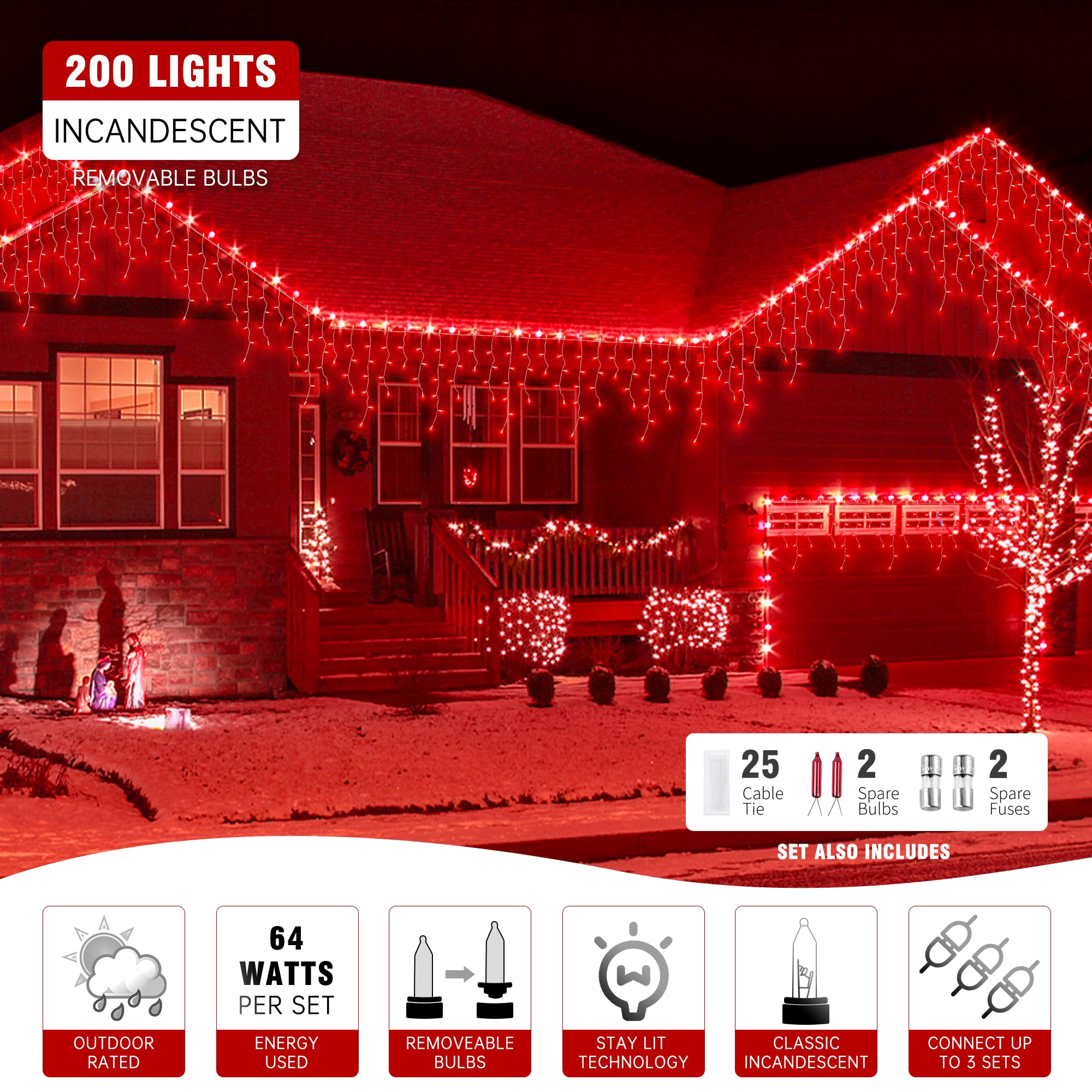 Oopswow Youngar 23Ft 200 Icicle Christmas Lights, Waterproof Connectable Twinkle Fairy Lights For Indoor Outdoor Fireplace Wedding Decorations (Red)