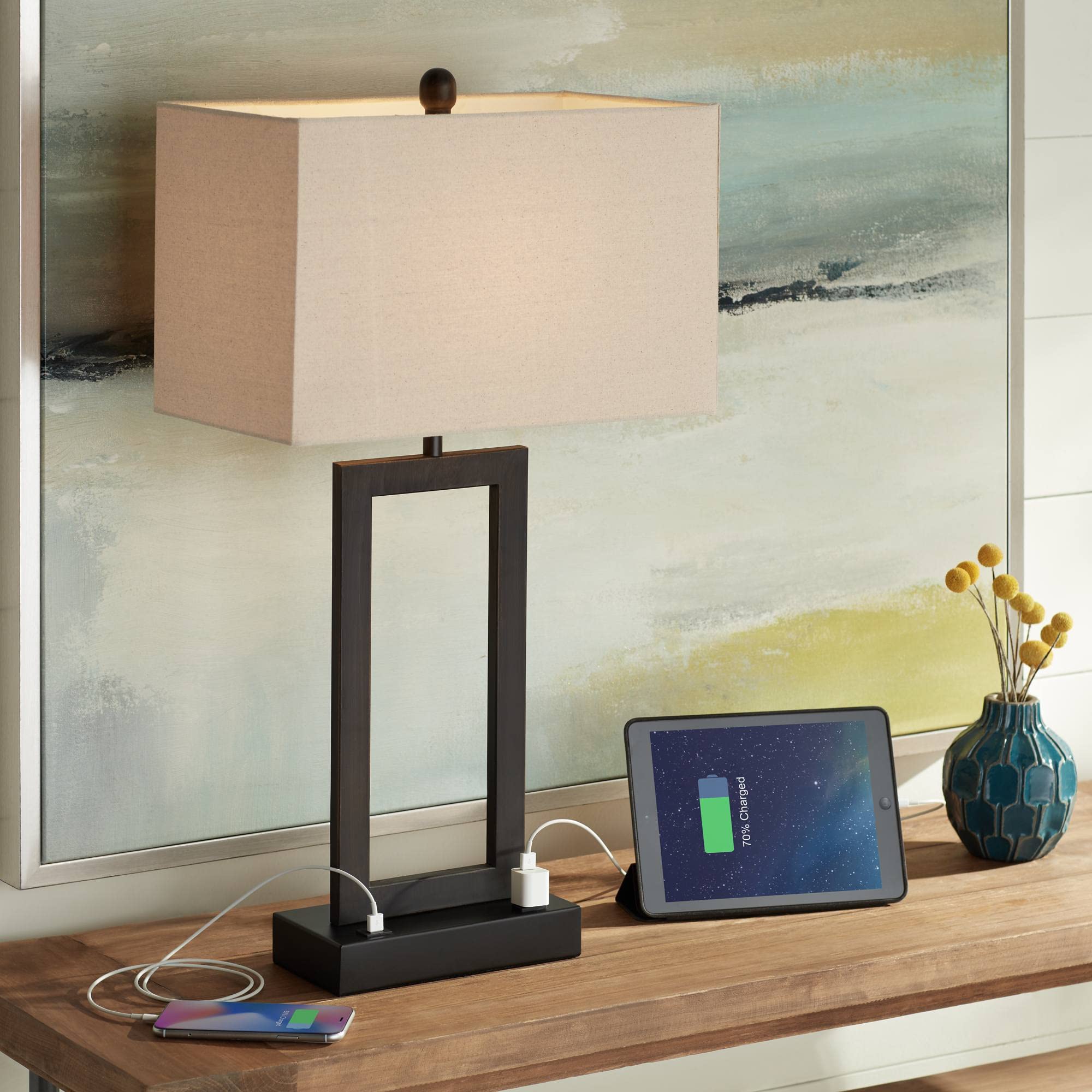 360 Lighting Todd Modern Minimalist Table Lamp With Usb And Ac Power Outlet In Base 30" Tall Bronze Rectangular Oatmeal Fabric Shade For Living Room Bedroom House Bedside Nightstand Home