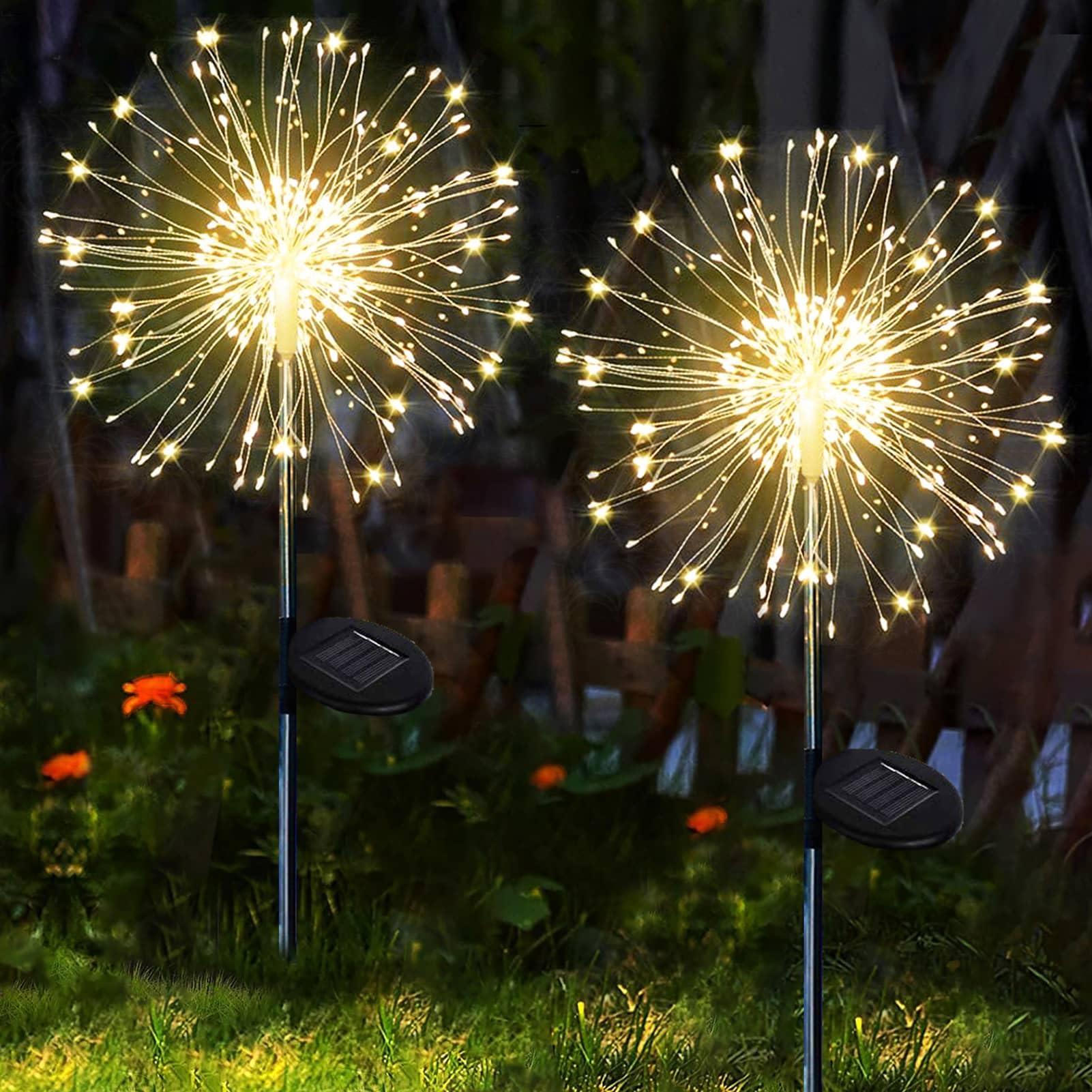 Yowin Solar Fireworks Lights 2 Pack 120 Leds Solar Garden Outdoor Lights, 8 Modes Tall Sparkler Yard Lights Waterproof Dandelion String Lights For Outside Patio Pathway Decorations - Warm White