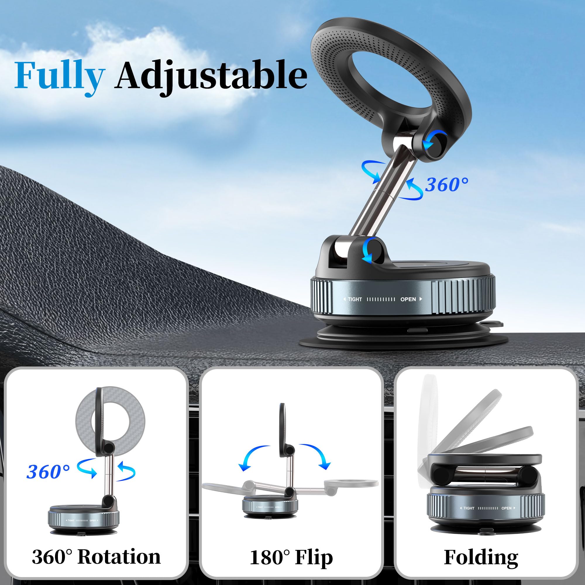 Plusacc Vacuum Magnetic Phone Holder For Car - Suction Cup Phone Mount 360° Rotatable Foldable Portable Strong Magnet Stand For Iphone 16/15/14/13 In Gym, Mirror, Smooth Surface, All Vehicles