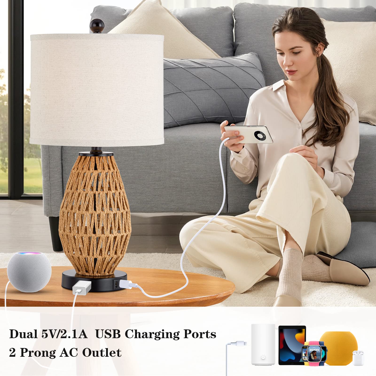 Cinsary Touch Control Rattan Table Lamps, 3 Way Dimmable Bedside Lamps For Bedroom With 2 Usb Ports And Ac Outlet, Wicker Nightstand Lamps For Living Room Home Office (Led Bulbs Included)