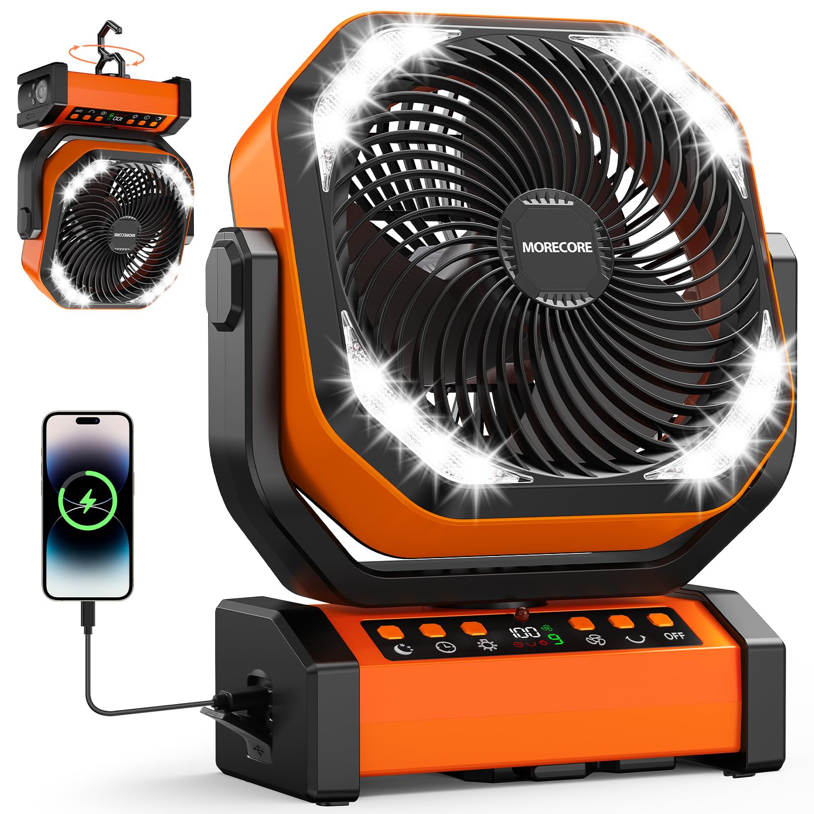 Morecore 20000Mah Rechargeable Camping Fan With Light, 112Hrs Running, 8-Speed, Auto Oscillating - Koospark