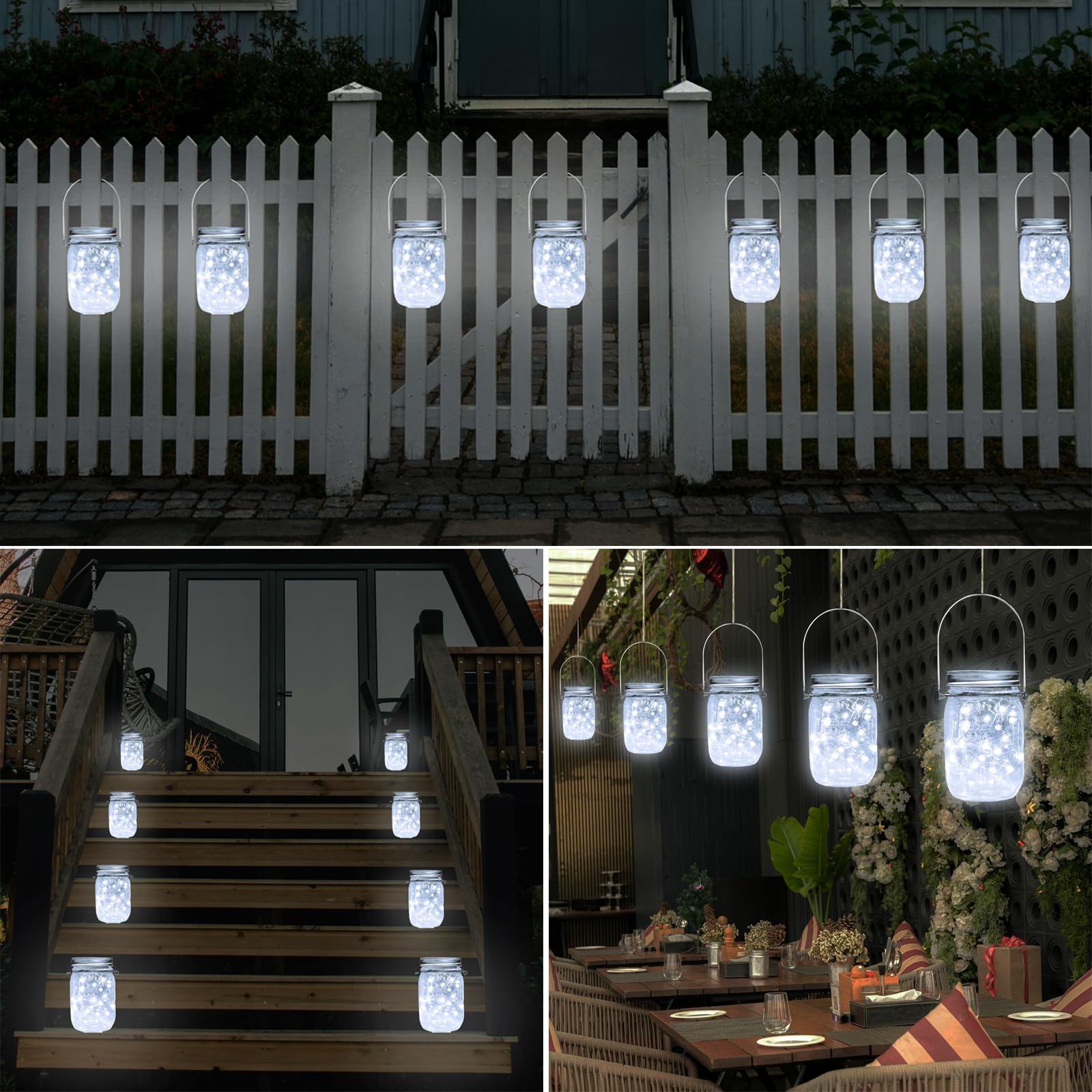 Smilingtown Solar Mason Jar String Light Lids 12 Pack 30 Led Fairy Firefly Inserts Lighting With 12 Hangers Waterproof For Outdoor Tree Patio Lawn Garden Decor, No Jars (Cool White)