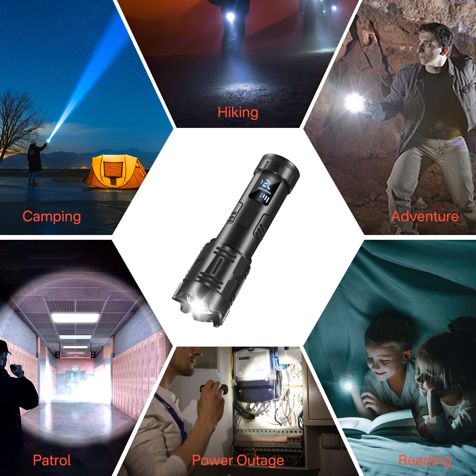 Hosonic S-52 Flashlight High Lumens Rechargeable, 2000 Lumen Super Bright Led Flashlights With Lcd Digital Display, Ipx4 Waterproof, 4 Mode Powerful Handheld Flash Light For Camping Home Emergencies