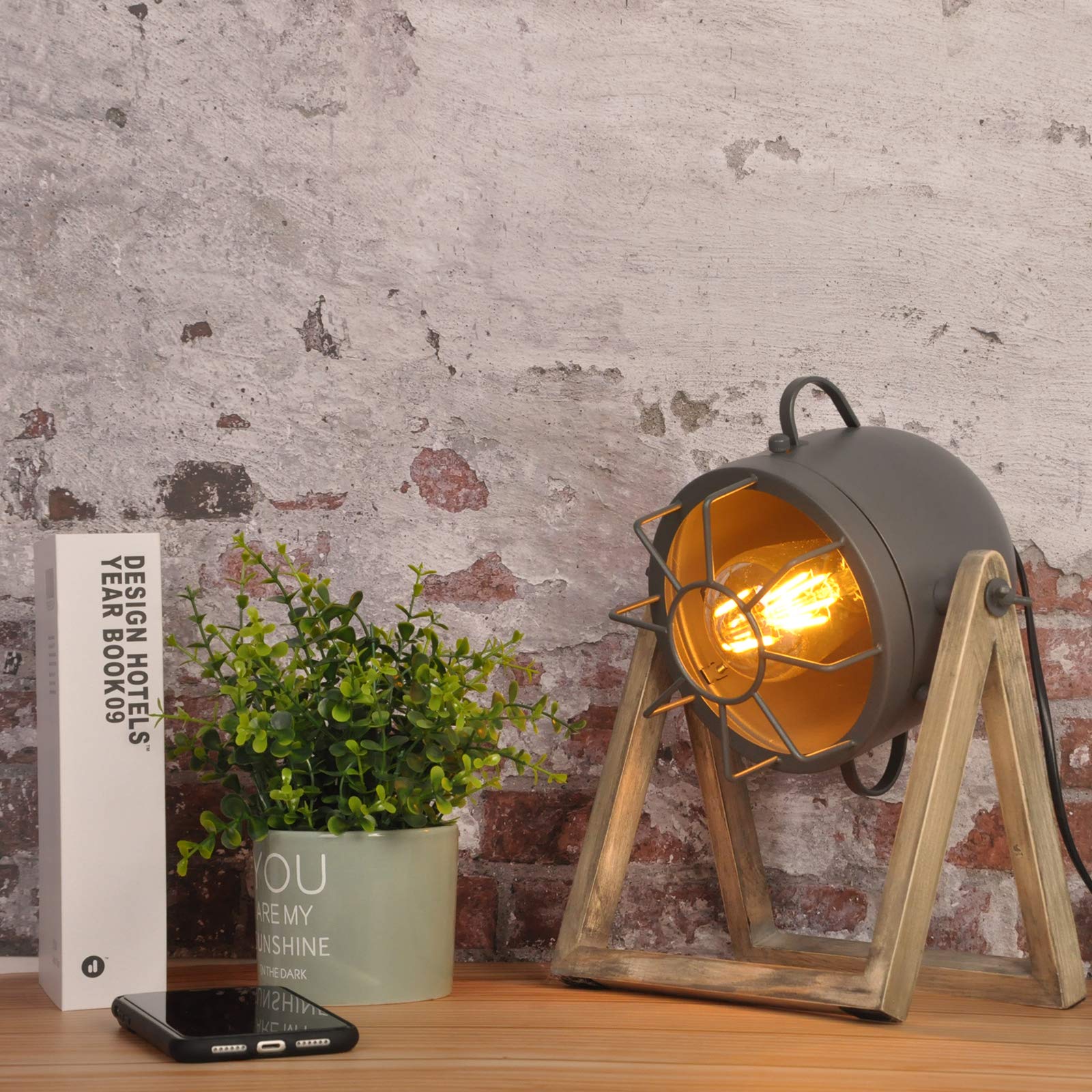 Cosylux Vintage Table Lamp Grey Old Wood, Retro Searchlight Desk Light For Rustic Decor, Farmhouse Cage Cinema Adjustable Industrial Bedside Lighting For For Loft, Studio, Bedrooms (With No Bulb)