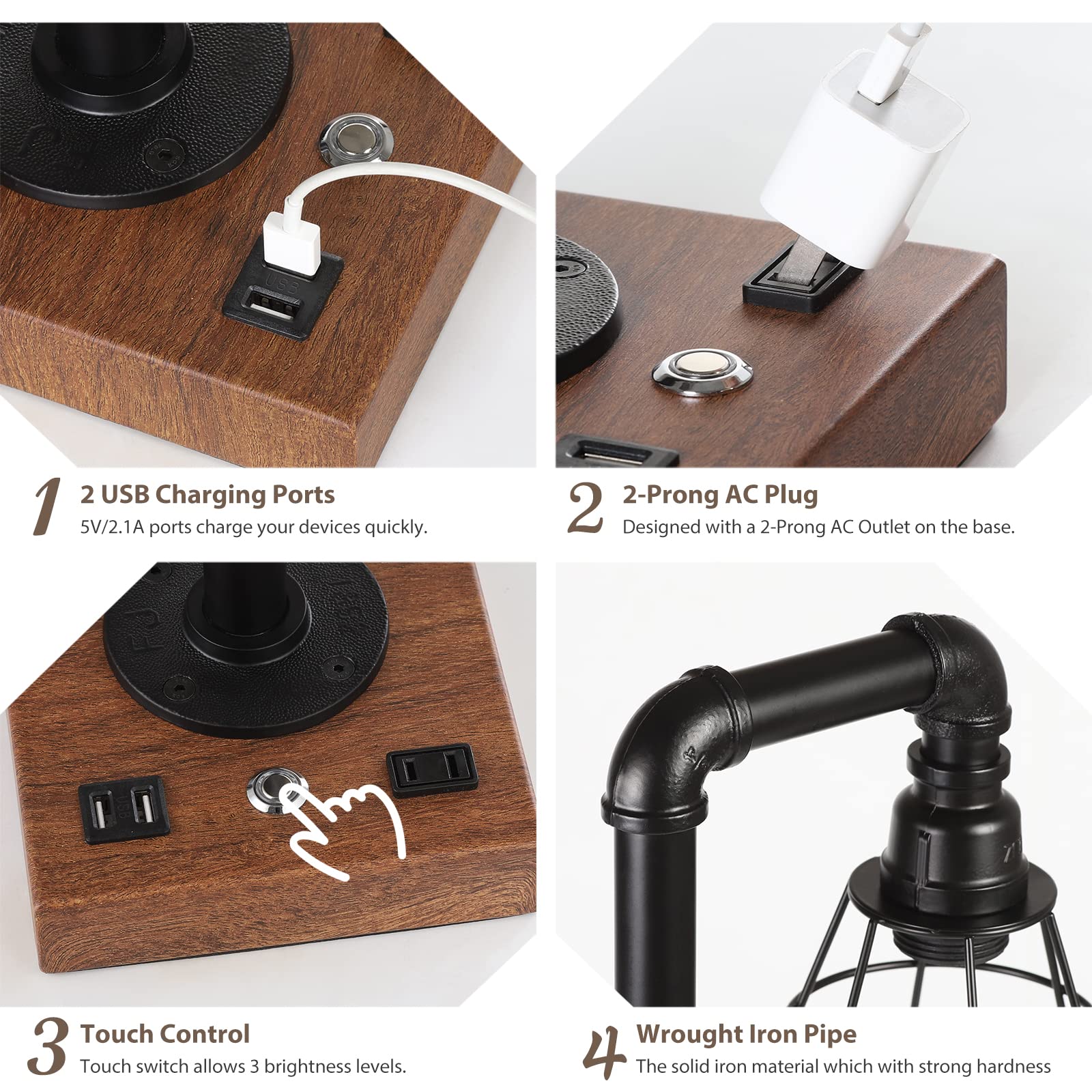 Caduke Industrial Touch Control Table Lamp, Led Bulb Included, 3 Way Dimmble Lamp With 2 Usb Ports And Ac Outlet, Bedside Nightstand Desk Lamps With Metal Cage Shade For Bedroom Living Room Farmhouse
