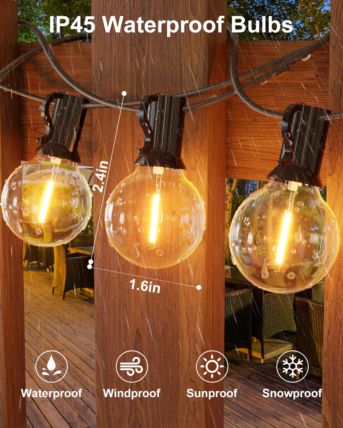 Gluroo 200Ft(100Ft2Pc) Outdoor String Lights, G40 Led Patio Lights With 100+4 Bulbs, Waterproof Shatterproof Dimmable Globe Hanging Outdoor Patio Lights Cafe, Bistro Outside Lights For Patio