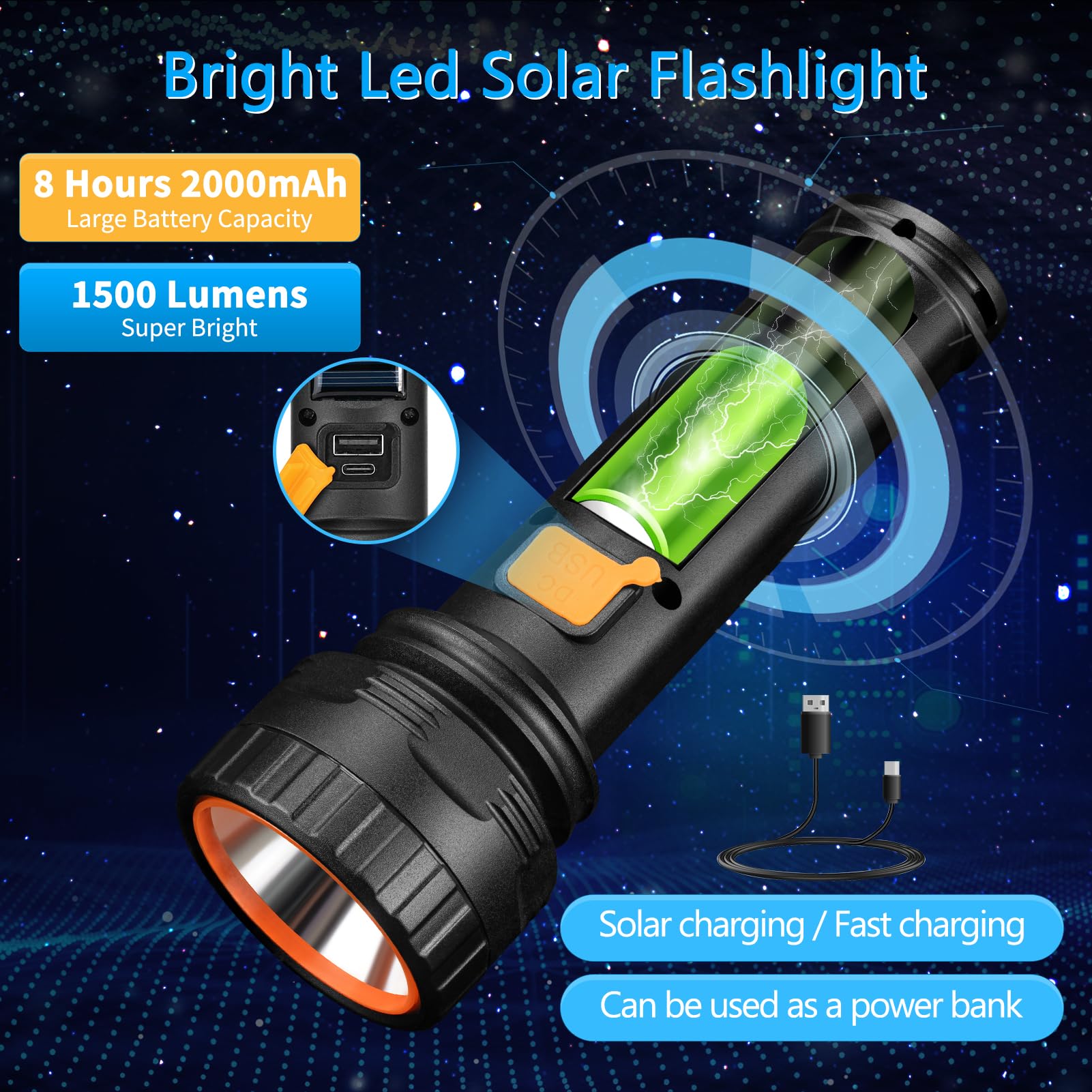 Kernowo Solar Flashlights, 1500 Lumens Led Solar Powered Flashlights With Digital Display 2000Mah Battery Rechargeable Handheld Flashlights Ip65 Waterproof Flashlights For Survival Emergencies, 1 Pack