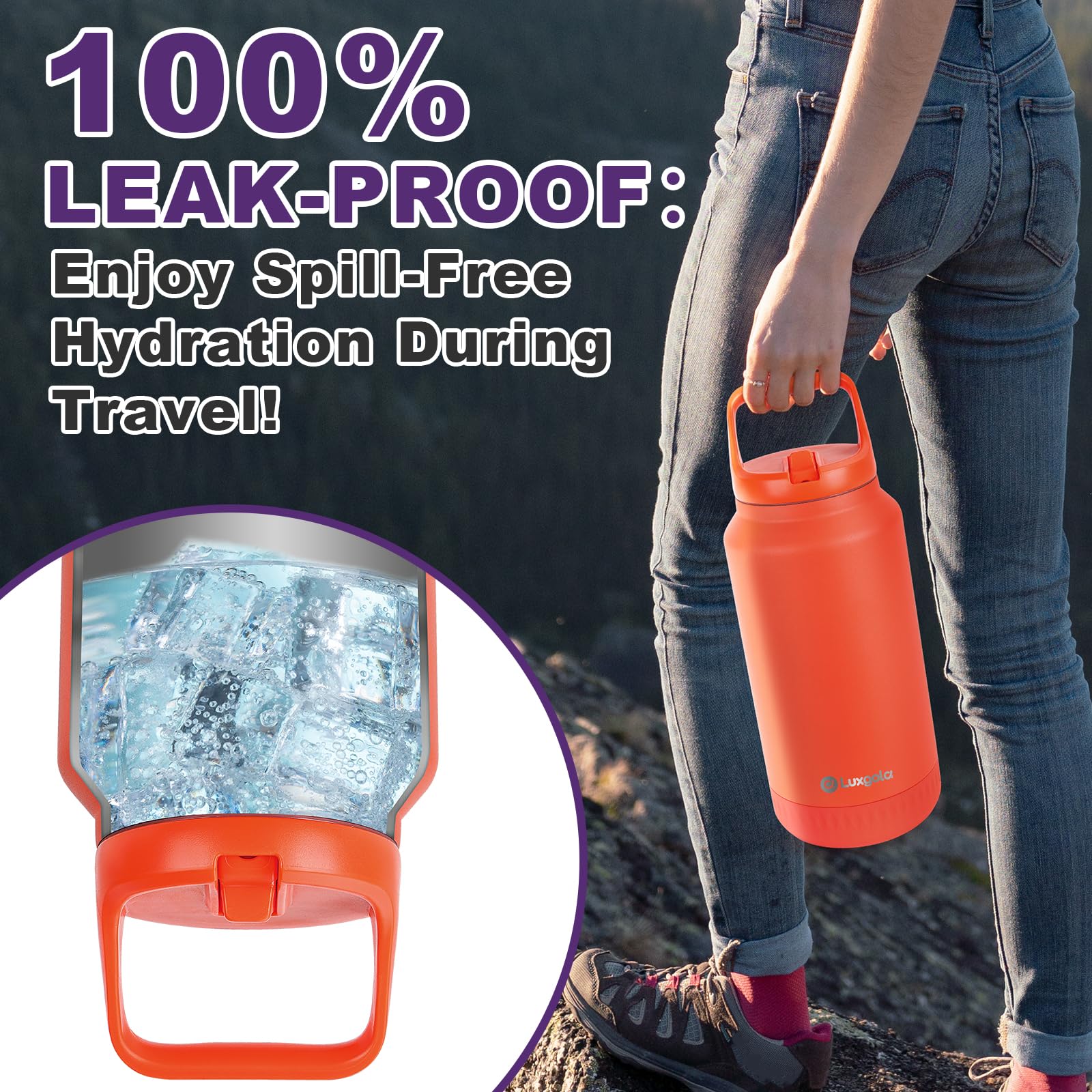64 Oz Insulated Water Bottle, Half Gallon Stainless Steel Vacuum Tumbler With Flip Straw Lid