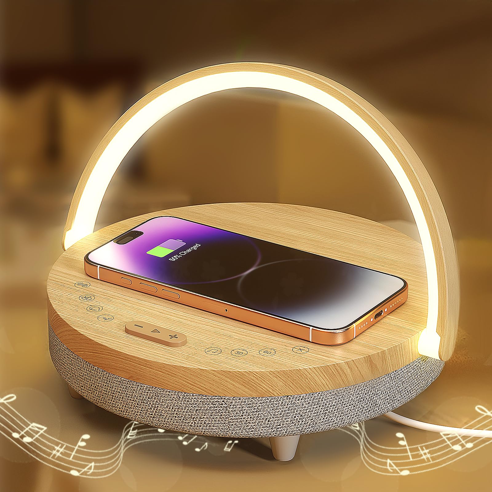 Vivilumens Bedside Table Led Night Light With Wireless Charger Bluetooth Speaker, Desk Lamp As Sleep Aid White Noise Machine Phone Holder, Great For Women(White Noise )