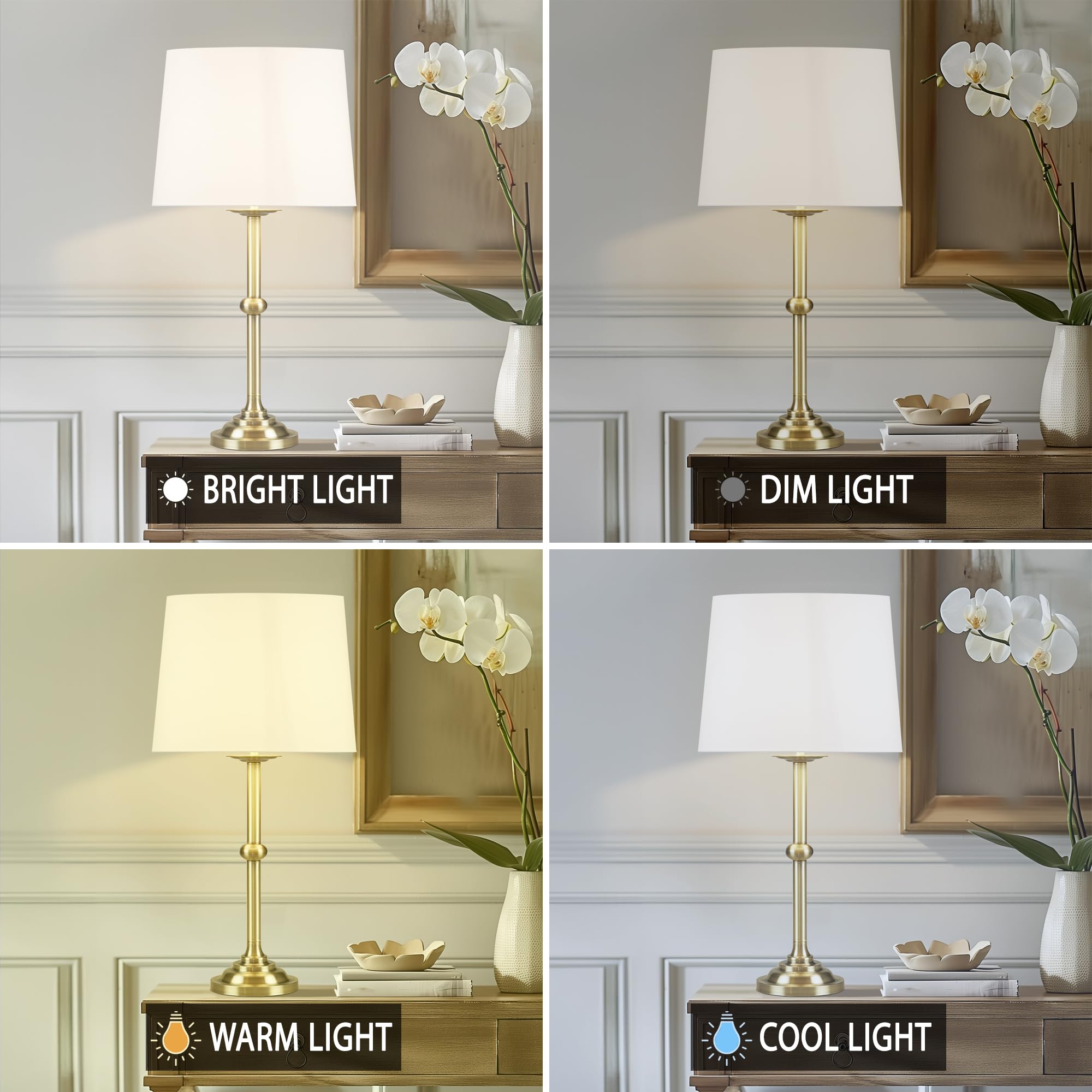 Hampton Hill Aelorian Table Lamp - Antiqued Brass Nightstand Bedside Lamp Bedford Collection, Farmhouse Study Lamp, Clear Polarized Cord, Socket Swtich, Empire Fabric Shade, 22.5" H