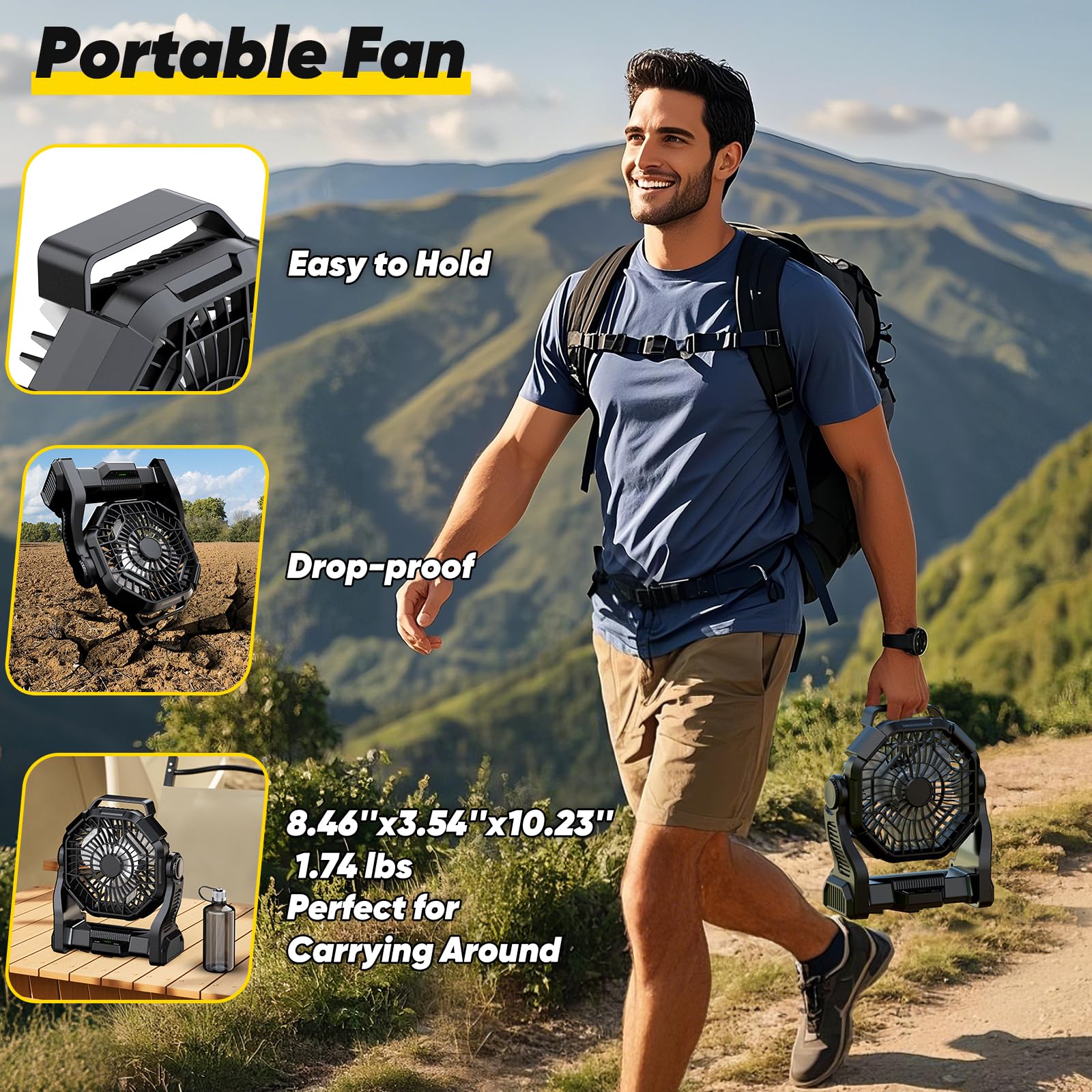 Portable Fan Rechargeable, Real 10000Mah Battery Powered Fan With Led Light And Hook