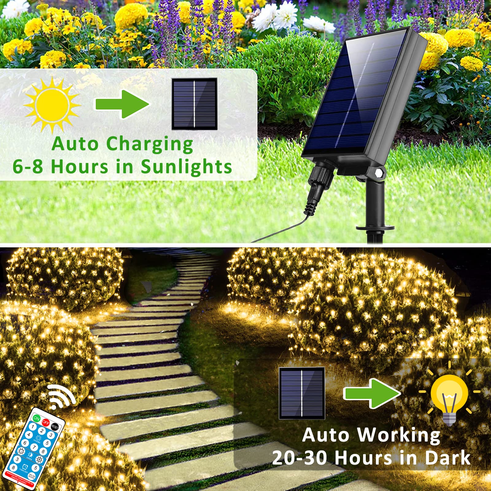 Funnite 11.5Ft X 5Ft Solar Net Lights, Outdoor Mesh Lights 240Led Waterproof 8 Mode With Remote 2 Power Supply String Light Plug In For Bushes Trees Garden Wall Patio Christmas Indoor Decor (Warm White)