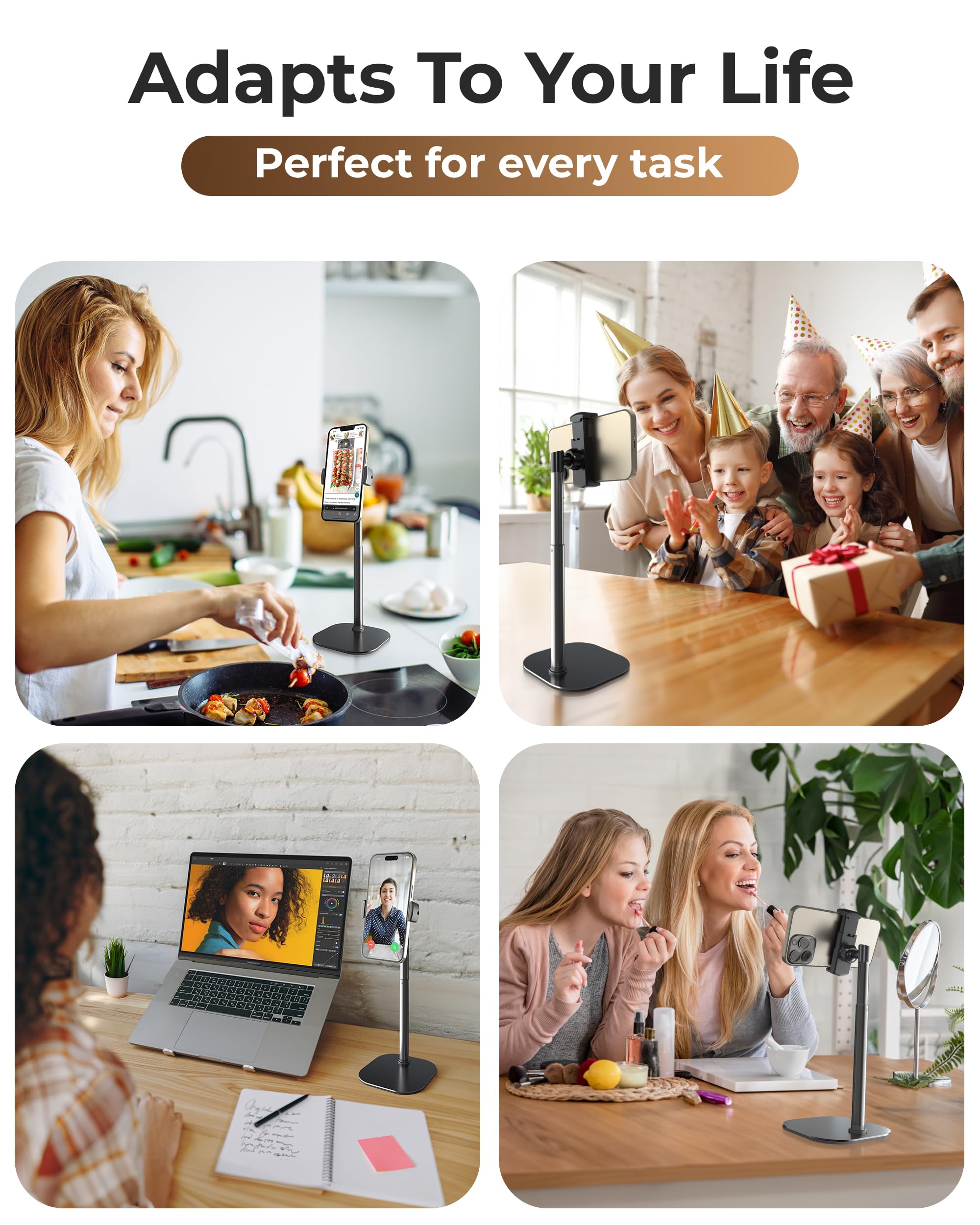 Cooper Cases Cooper Chatstand Adjustable Cell Phone Stand For Desk & Video Recording, Rotating Cell Phone Holder For Desk For All Iphone, Samsung, Android, 9-14" Face-Level Metal Desktop Tripod (Night Black)