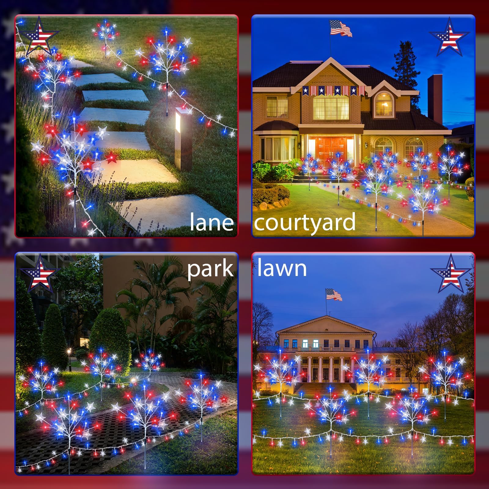 Kenburg 4Th Of July Decorations, 4 Packs Red White And Blue Stars Pathway Lights, 8 Modes Stake Light Patriotic Decor Outdoor Lights For Memorial Day Independence Day Yard Grave Garden Lawn