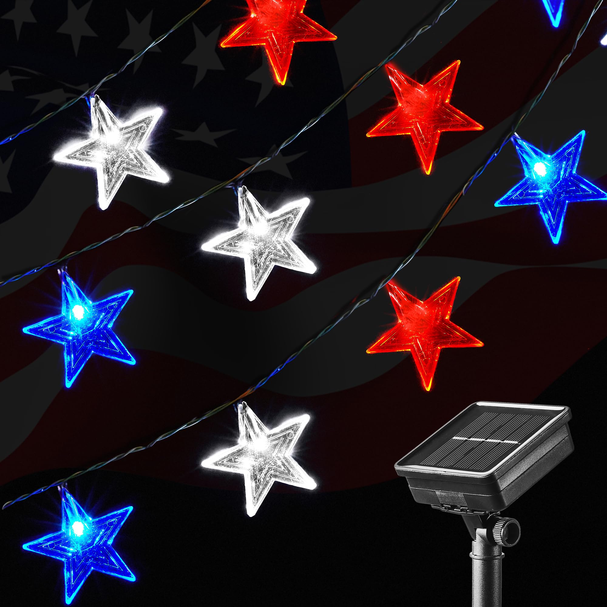 Blctec Solar 4Th Of July Decorations, Red White Blue String Lights With 60 Led Big Stars, Waterproof Patriotic Stars Lights Built In 8 Lighting Modes For Outdoor Memorial Day, July 4Th Decorations