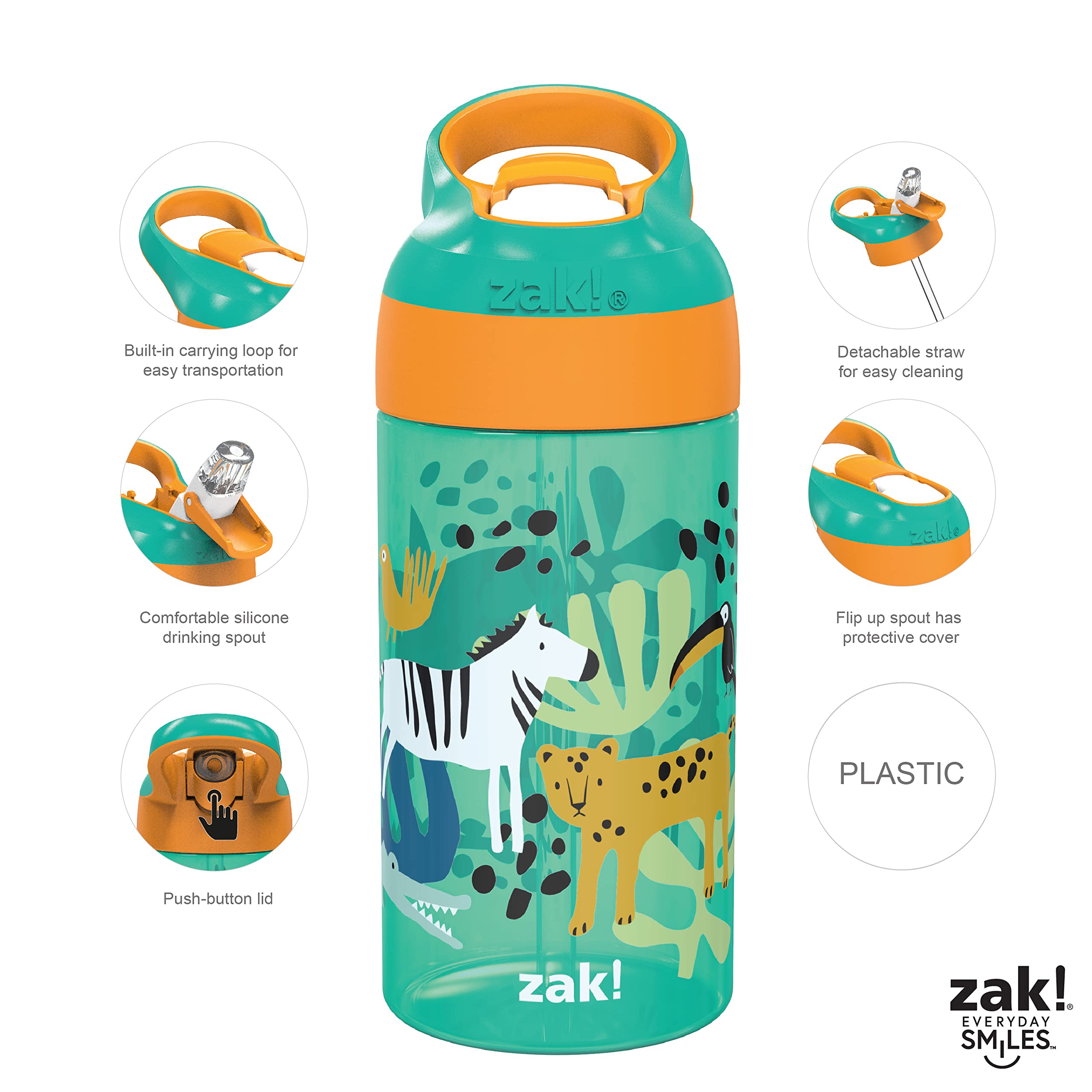 Zak Designs 16Oz Riverside Kids Water Bottle With Spout Cover And Built-In Carrying Loop